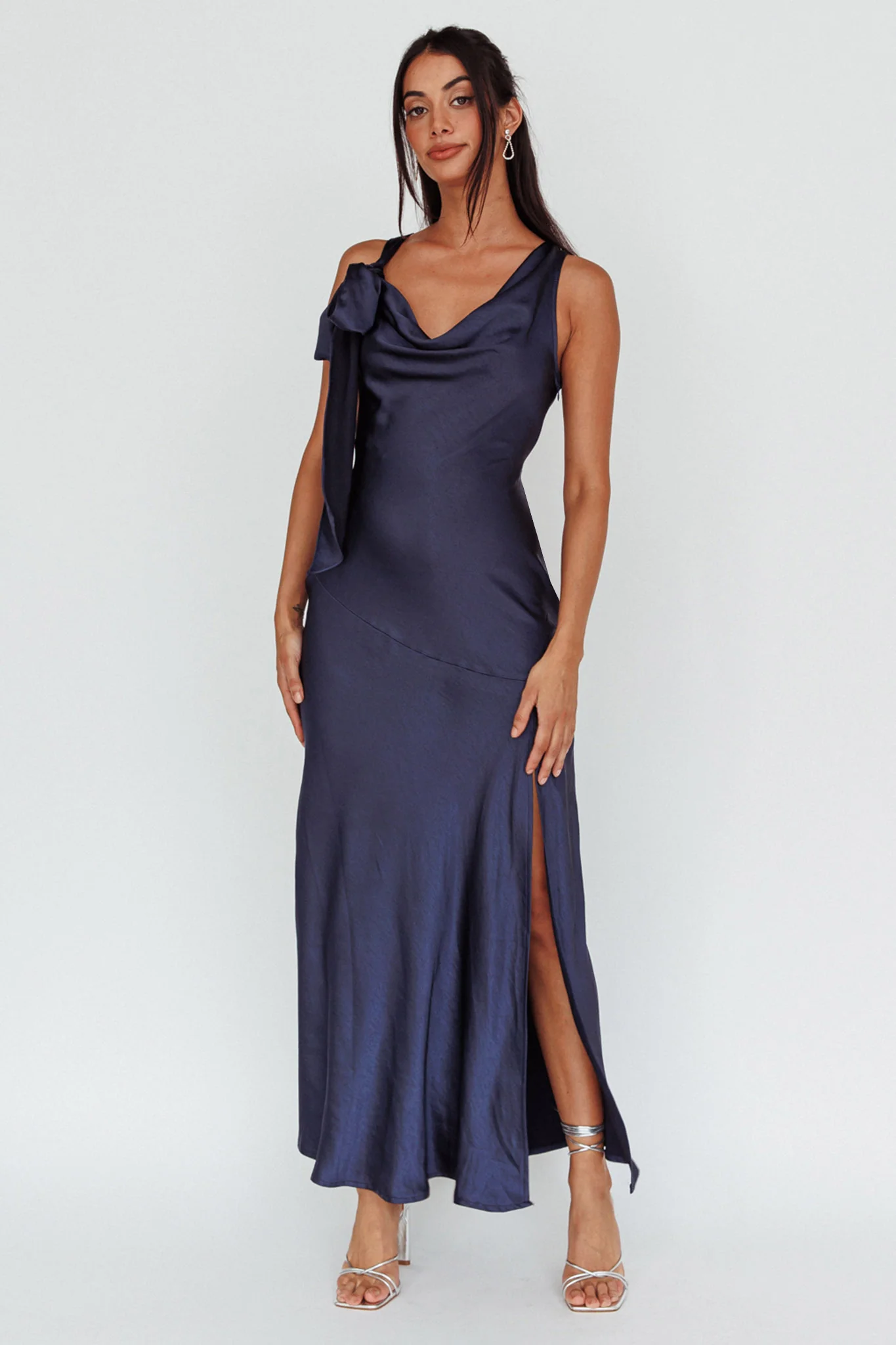 Averie Bow Shoulder Split Midi Dress Navy - Sonourner