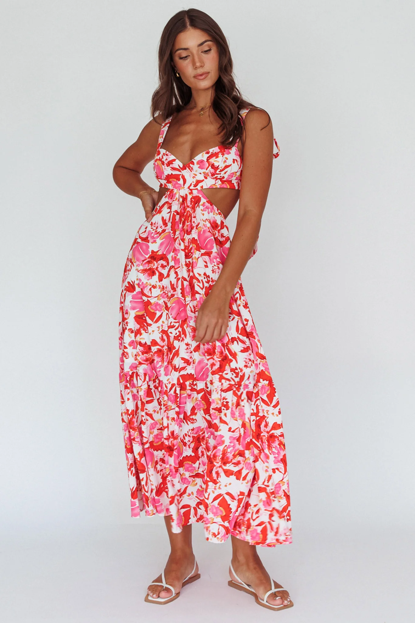 Sun Seeker Tied Shoulder Cut-Out Maxi Dress Floral Red - Sonourner
