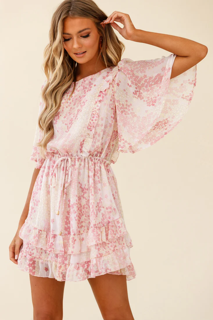 Stars Aligned Angel Sleeve Drawstring Waist Dress Star Print Pink - Sonourner