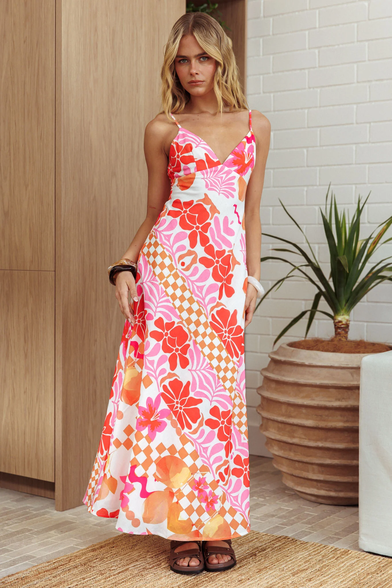 Jaya Floral A-line Maxi Dress Checker Orange - Sonourner