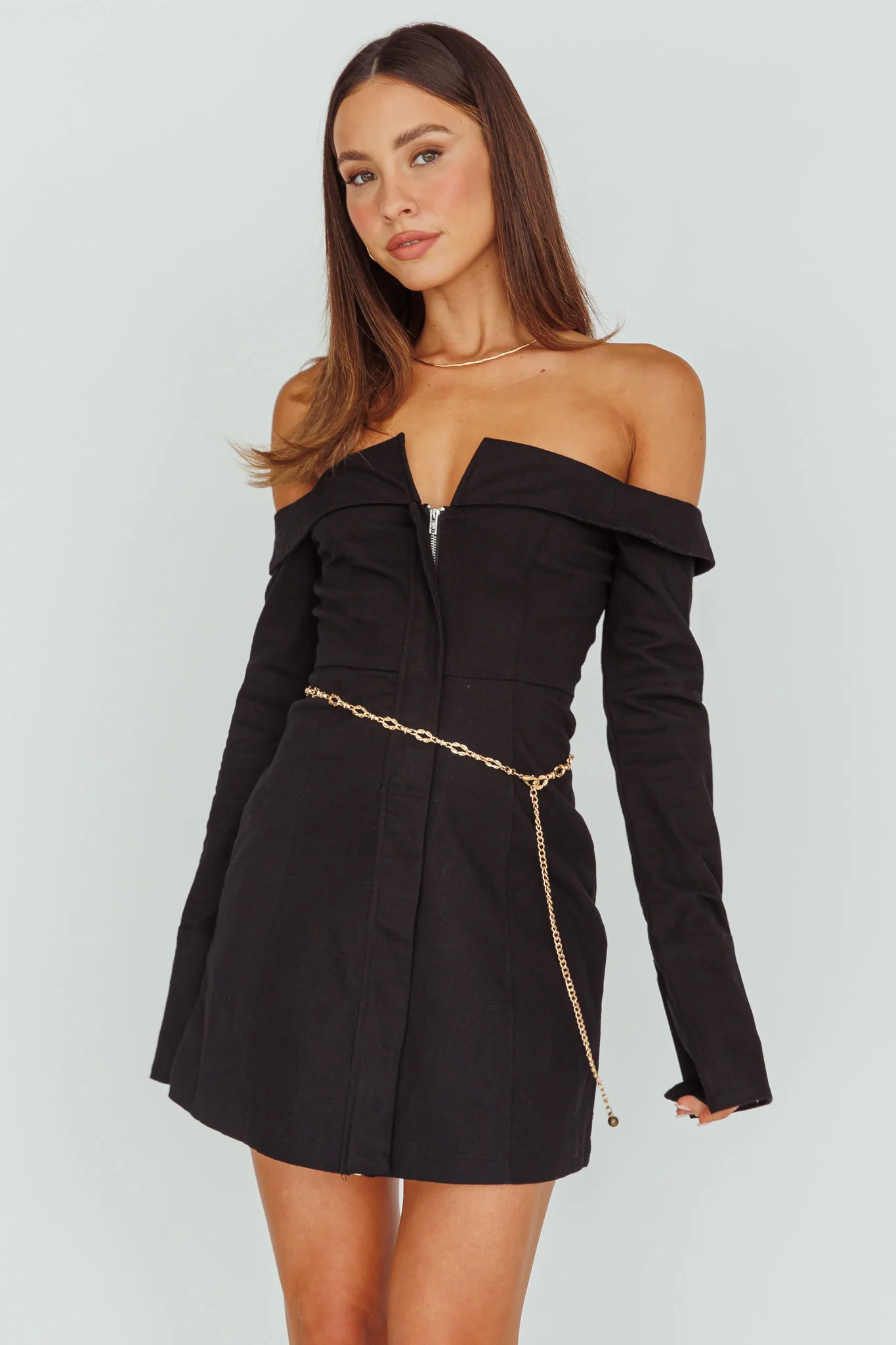 Tamra Long Sleeve Off-Shoulder Zip Dress Black - Sonourner
