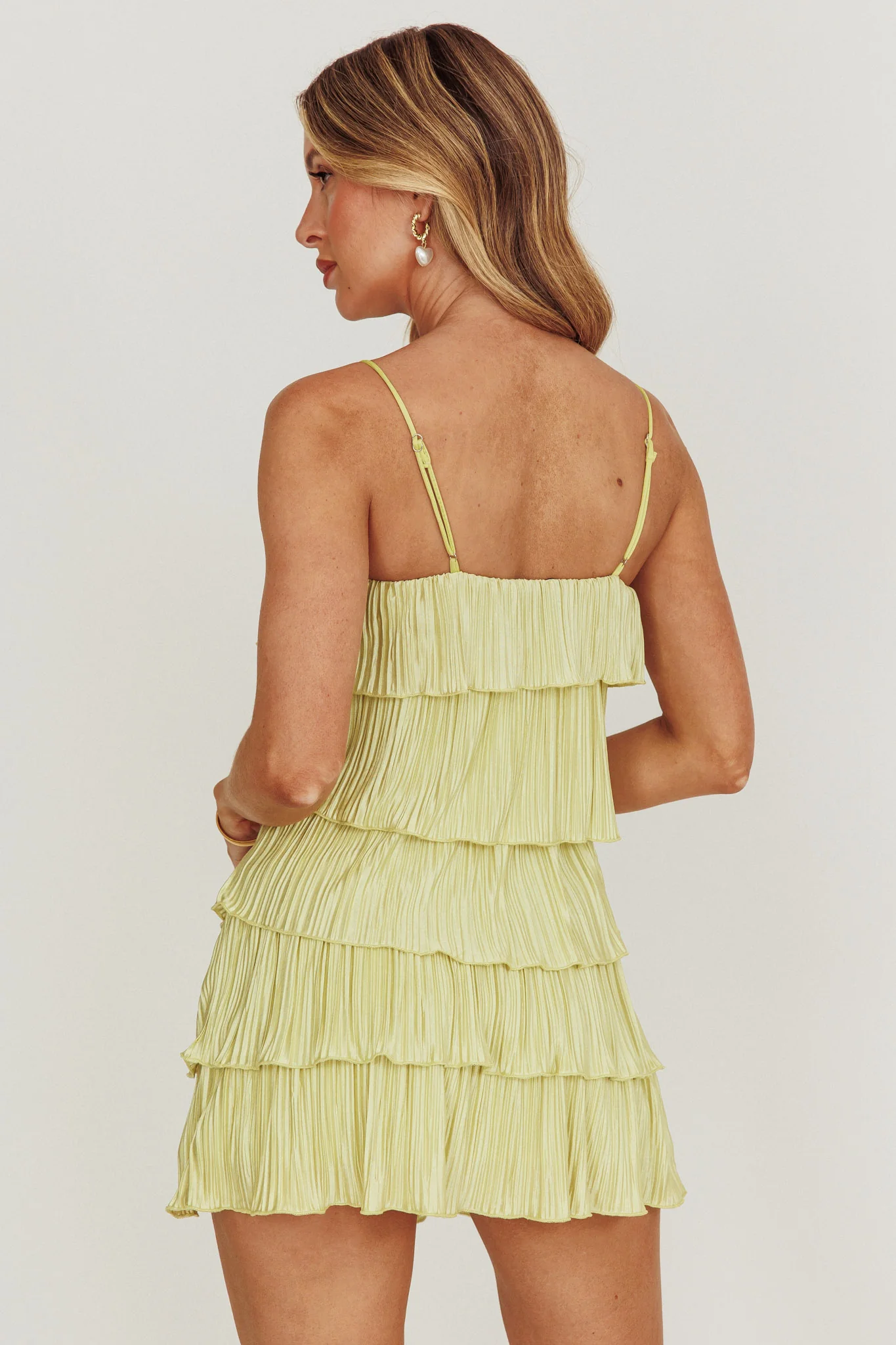 My Type Plisse Tiered Mini Dress Sage - Sonourner