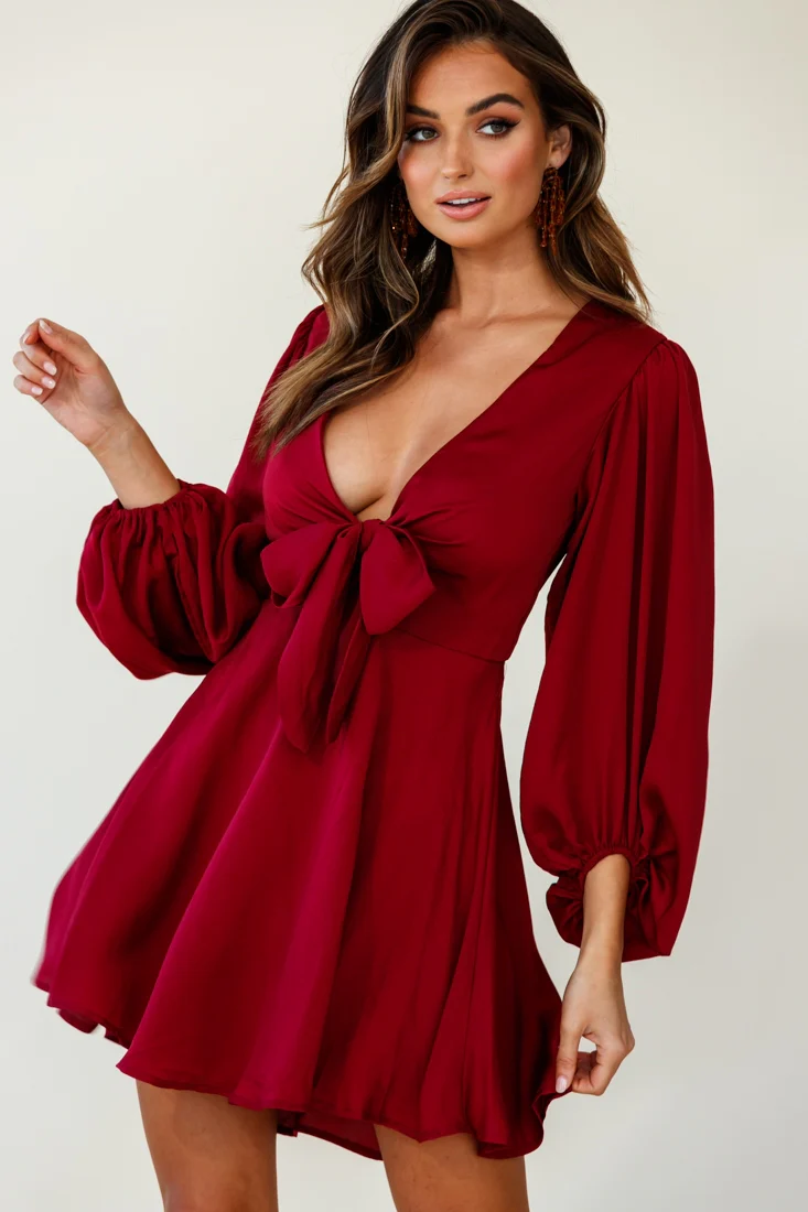 Madison Bow Tie Bust Balloon Sleeve Dress Wine - Sonourner