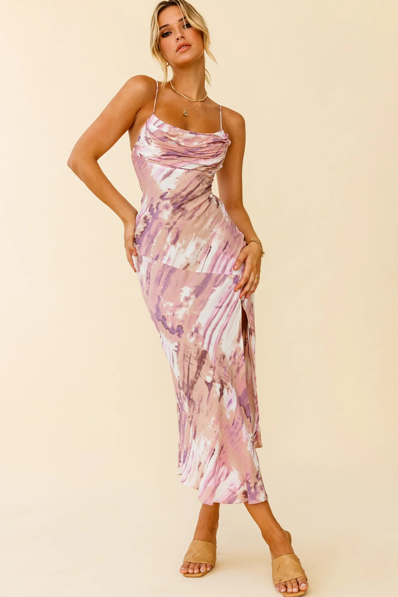 Well Versed Pleated Bust Front Split Dress Purple Multi - Sonourner