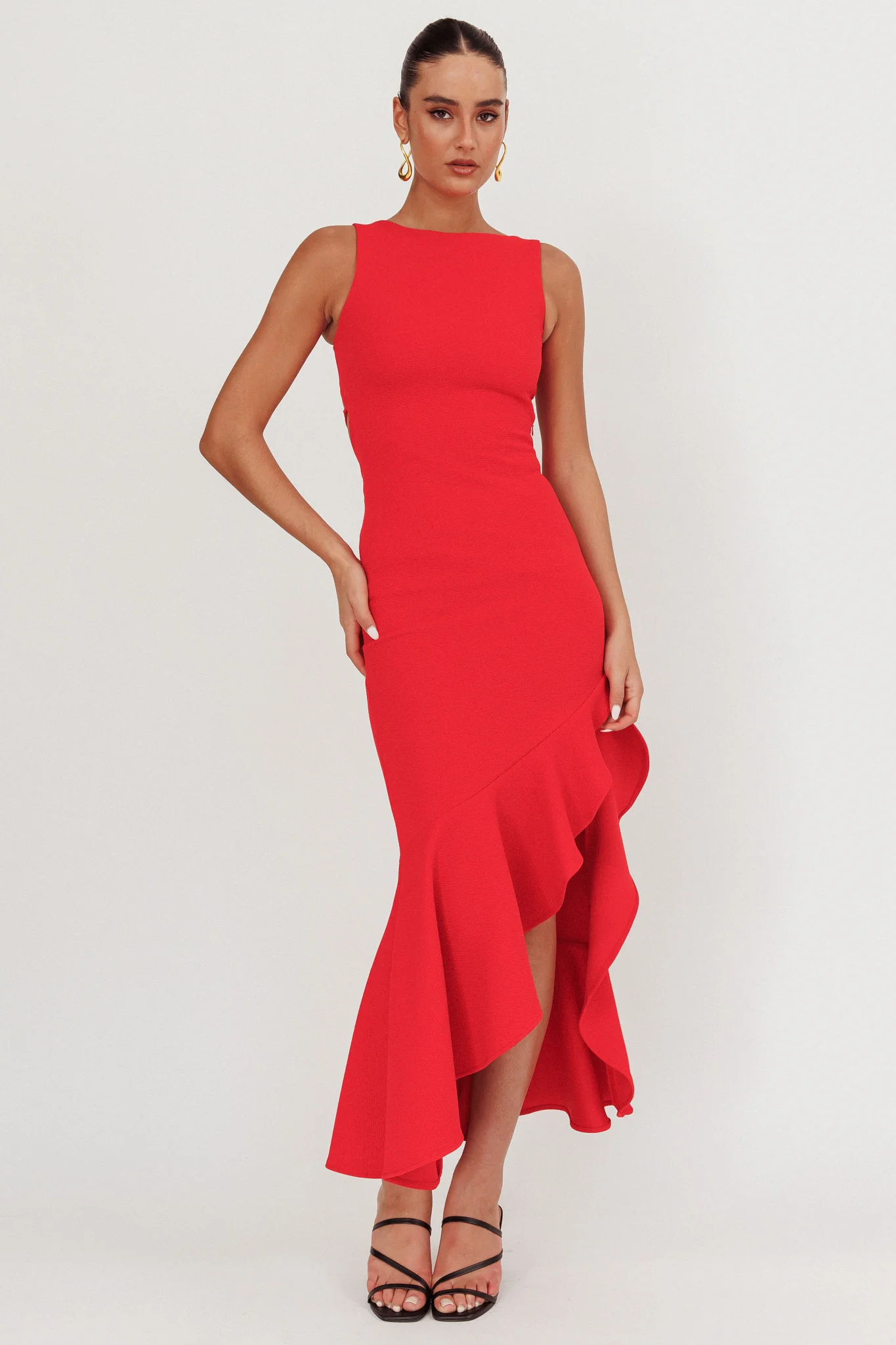 Lights On Asymmetric Hem Maxi Dress Red - Sonourner