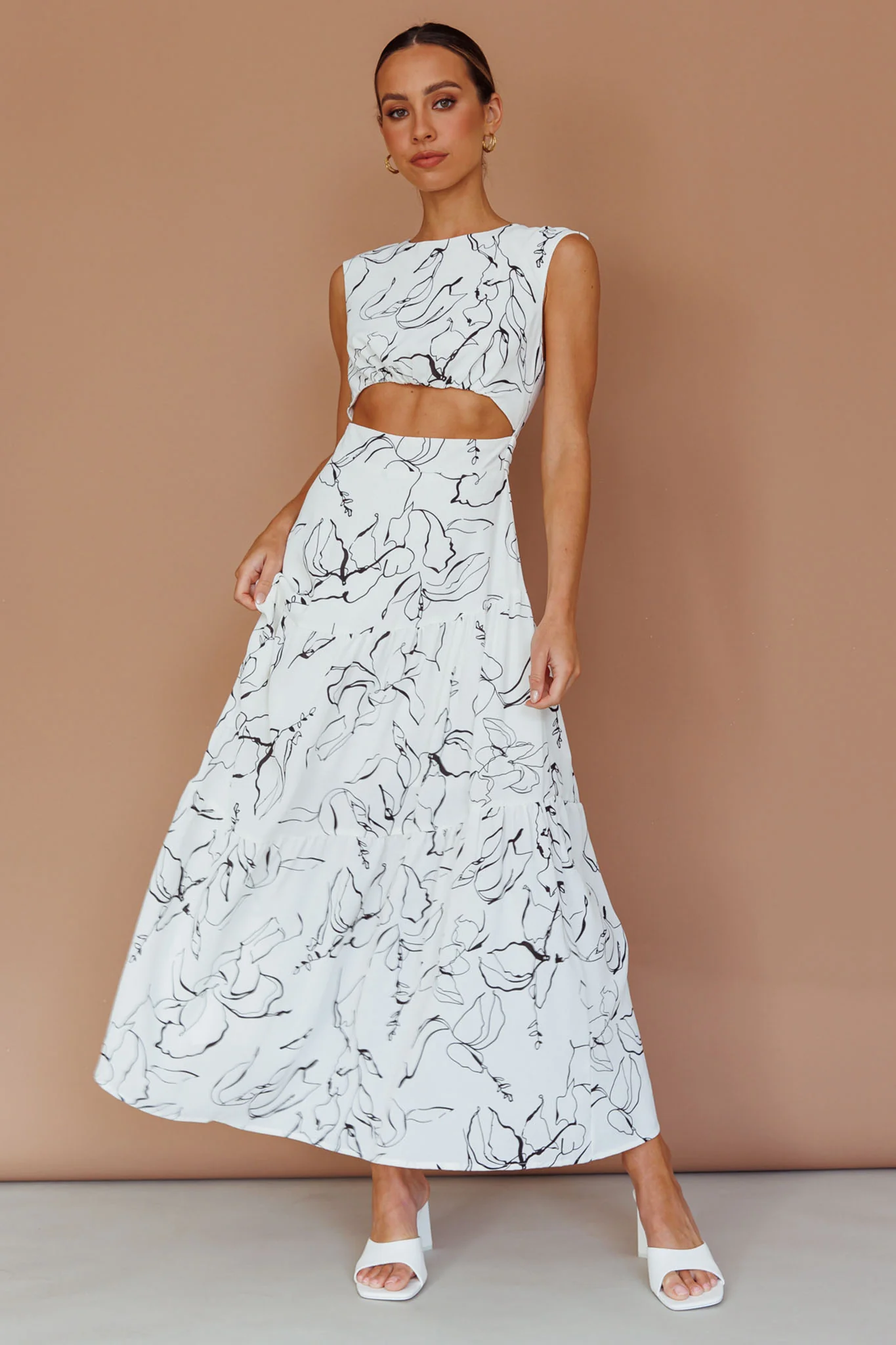 Shaniqua Cut-Out Sleeveless Midi Dress Print White - Sonourner