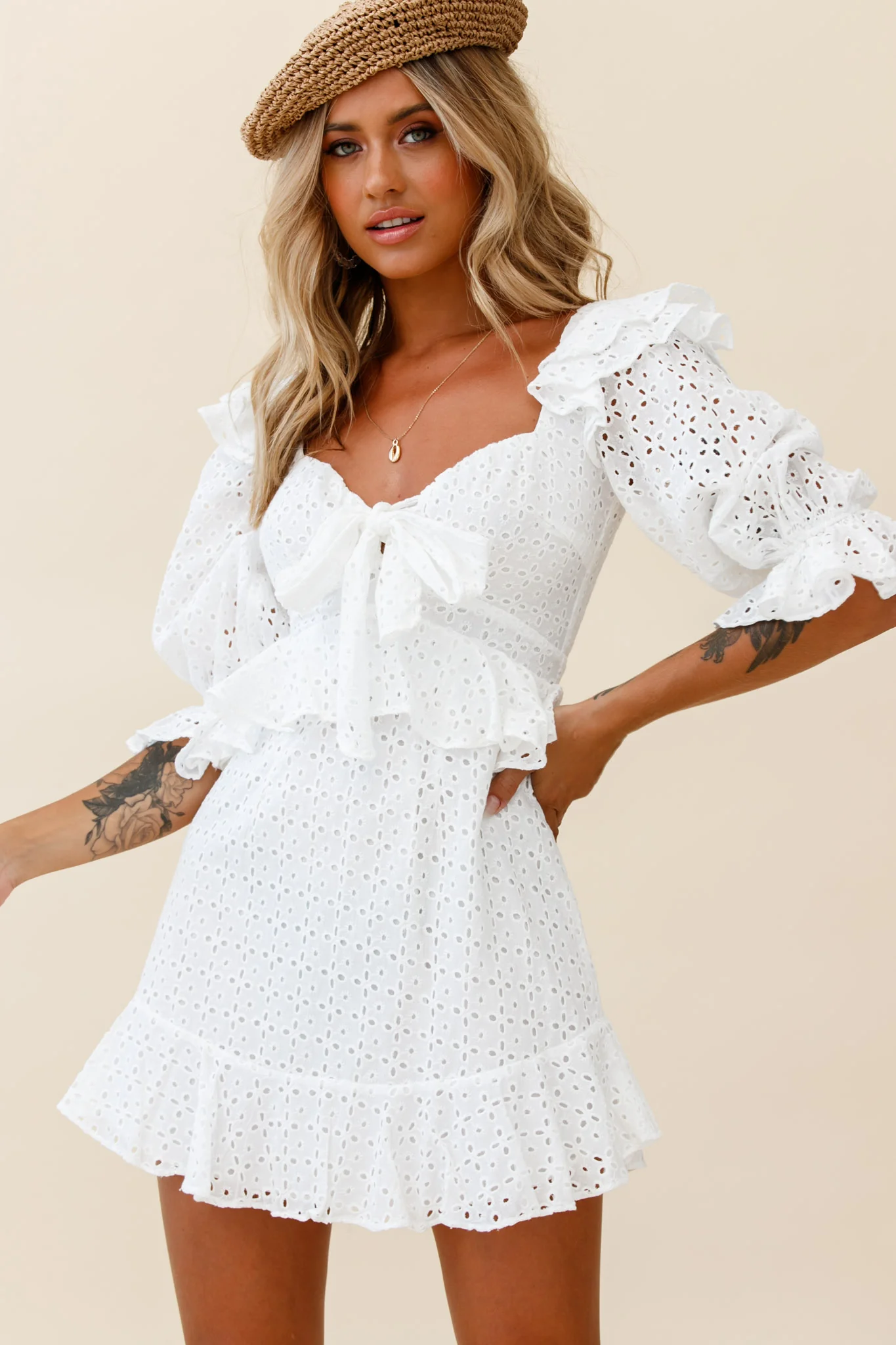 Say That Again Bust Tie Ruffle Trim Dress White - Sonourner
