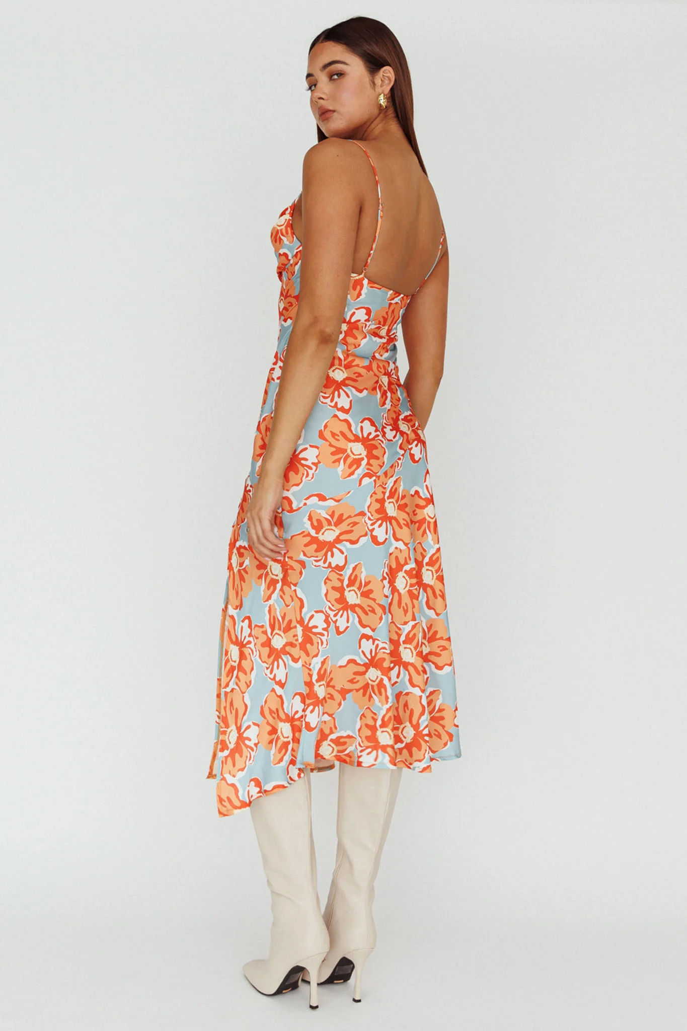 Well Versed Pleated Bust Front Split Dress Flowers Orange - Sonourner