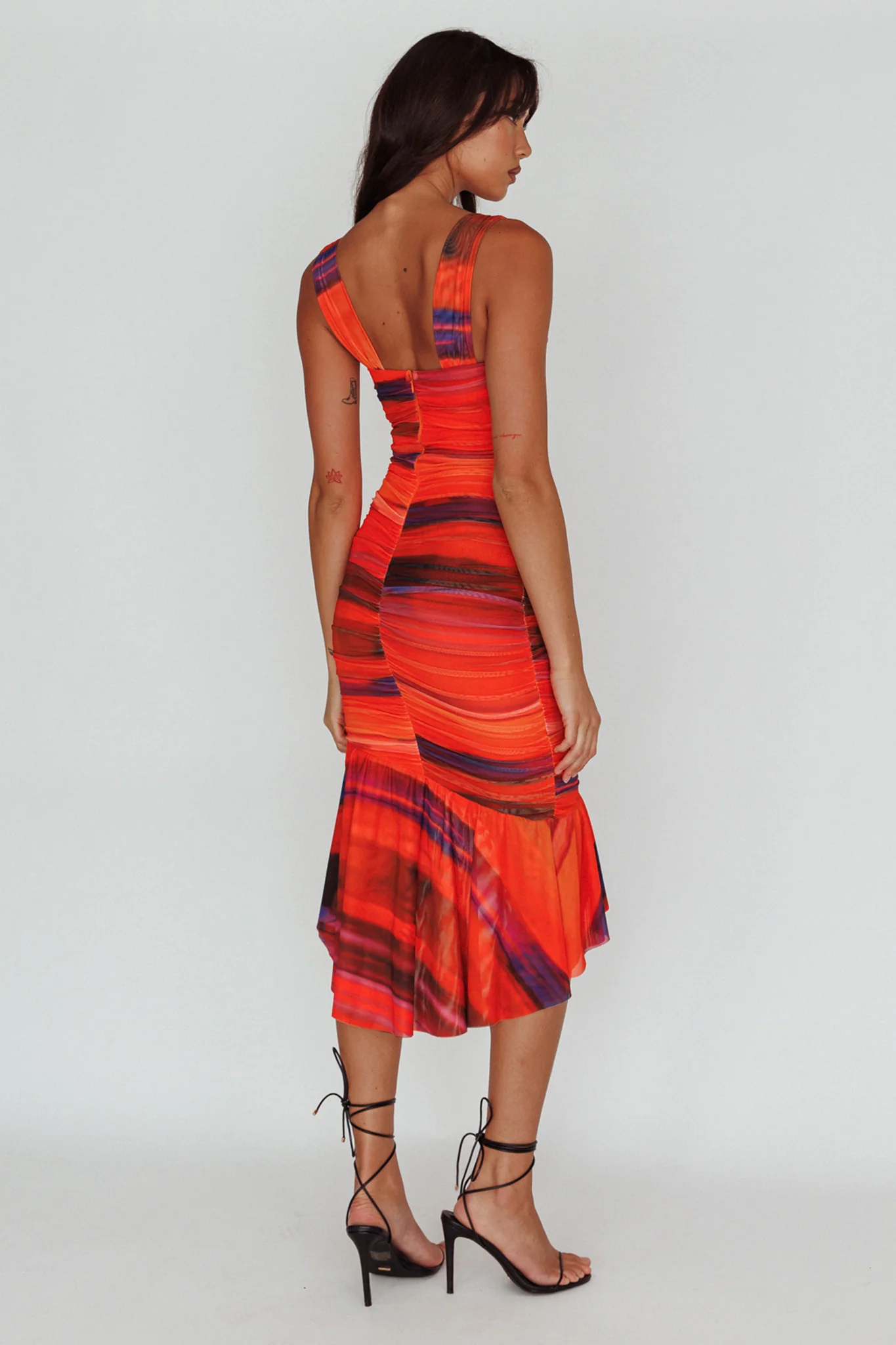 Nadia Ruched Fishtail Midi Dress Print Orange - Sonourner