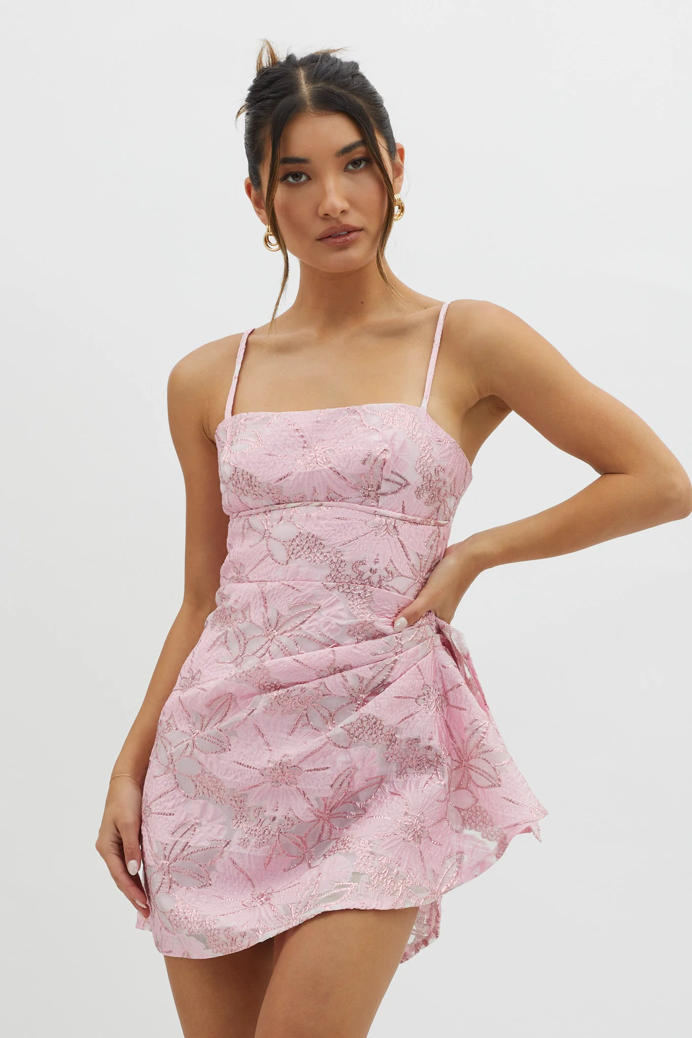 Sterling Gathered Waist Embroidery Mini Dress Pink - Sonourner