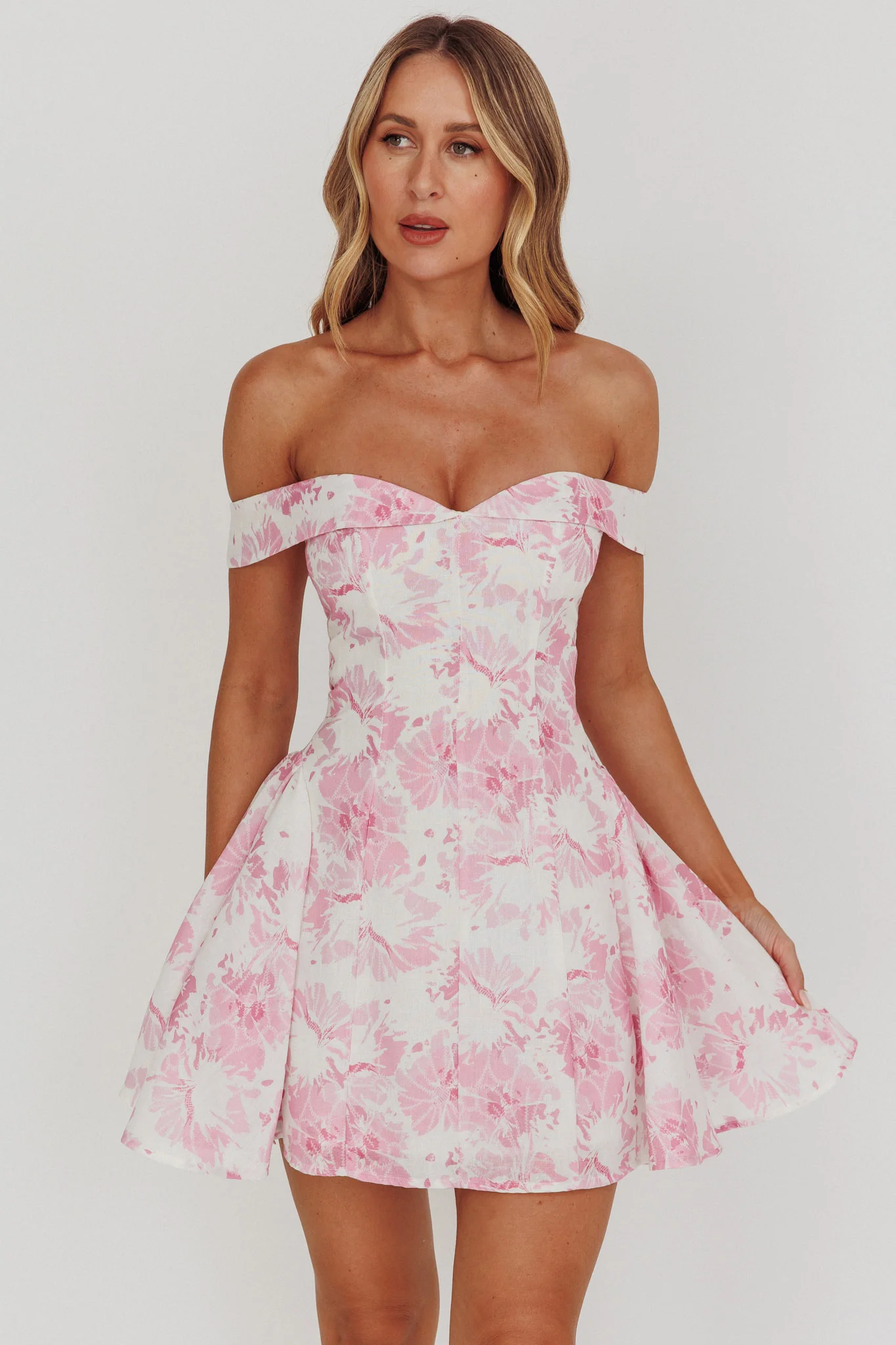 Courting Off-Shoulder Mini Dress Floral Pink - Sonourner