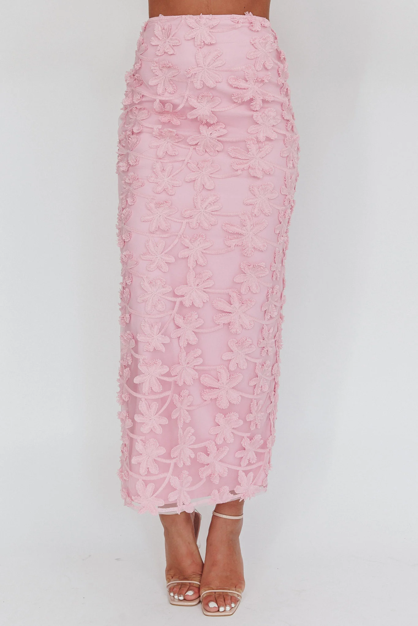 Casi Palm Tree Embroidered Maxi Skirt Baby Pink - Sonourner