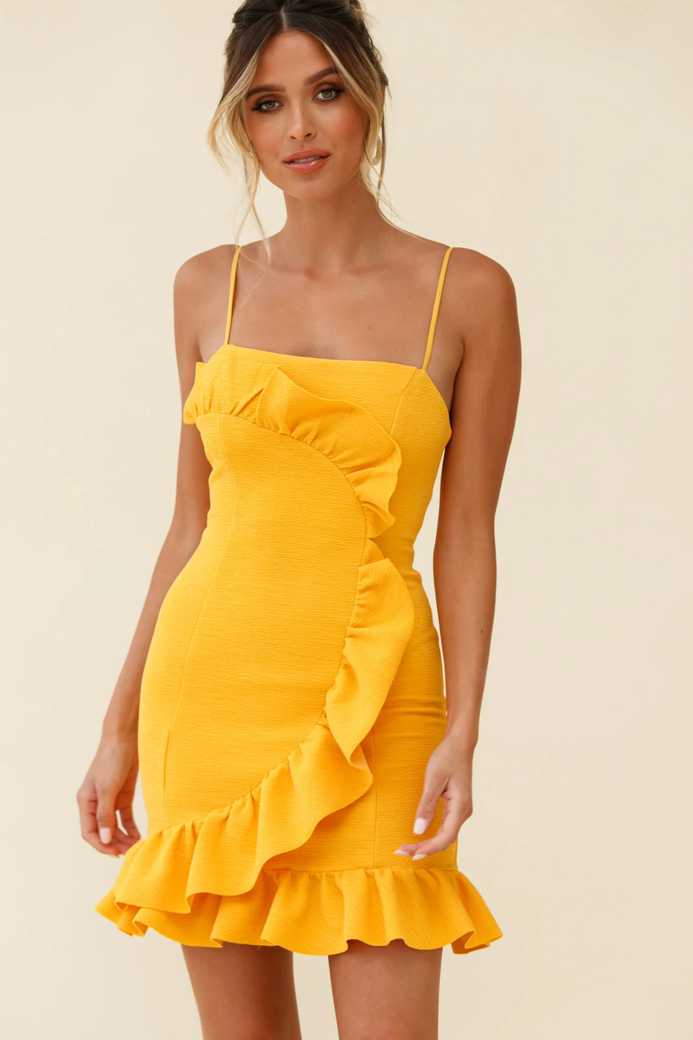 Juanita Half Moon Ruffle Detail Bodycon Dress Yellow - Sonourner