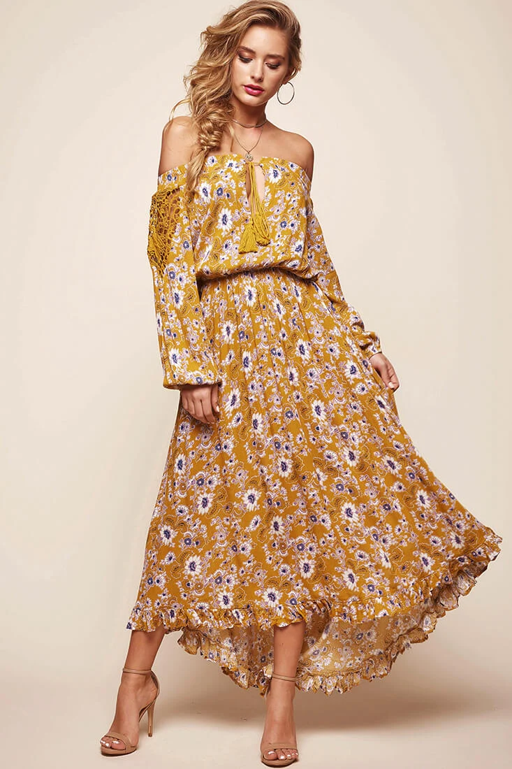 Mojave Off-Shoulder Floral Maxi Dress Mustard - Sonourner