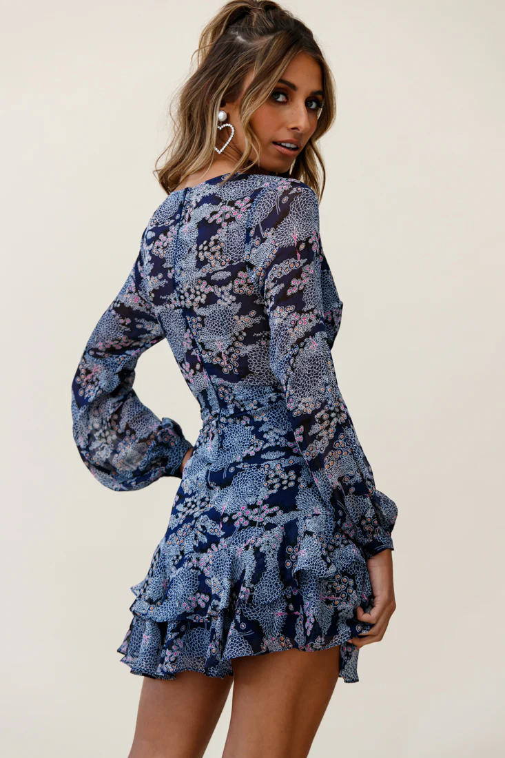 Kerry Layered Balloon Sleeve Dress Flower Pattern Navy - Sonourner