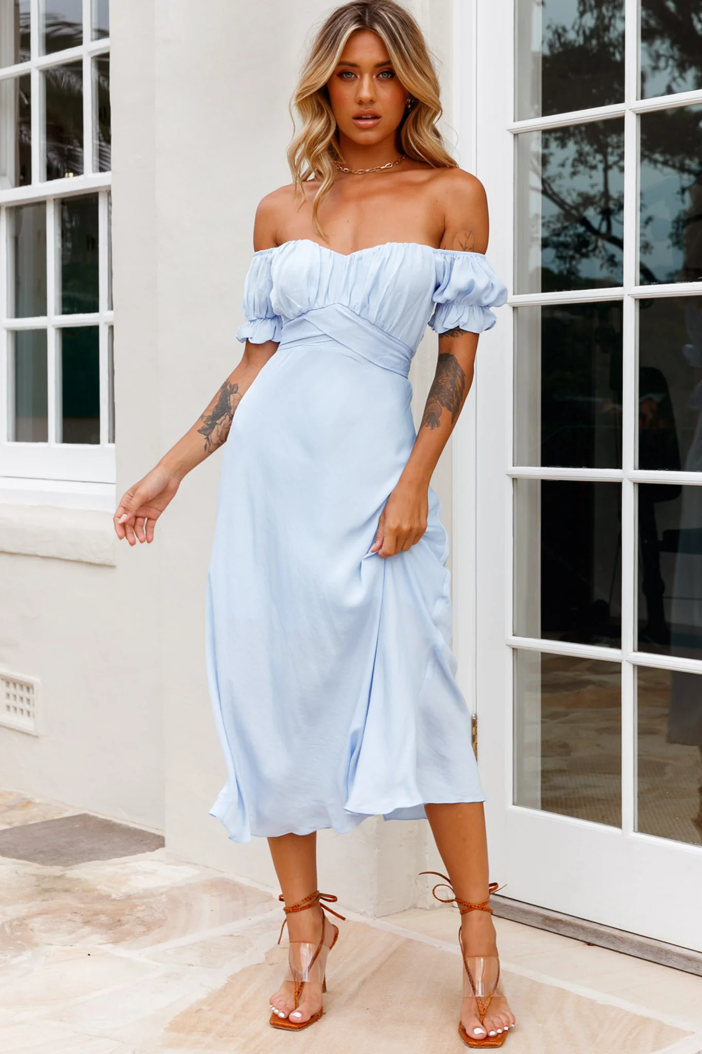 Linka Off-Shoulder Tie Back Midi Dress Steel Blue - Sonourner