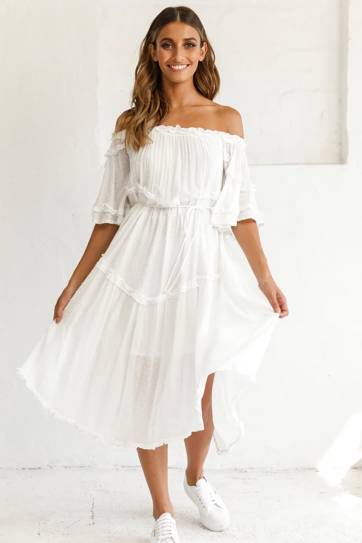 Renoir Off-Shoulder Frill Trim Midi Dress White - Sonourner