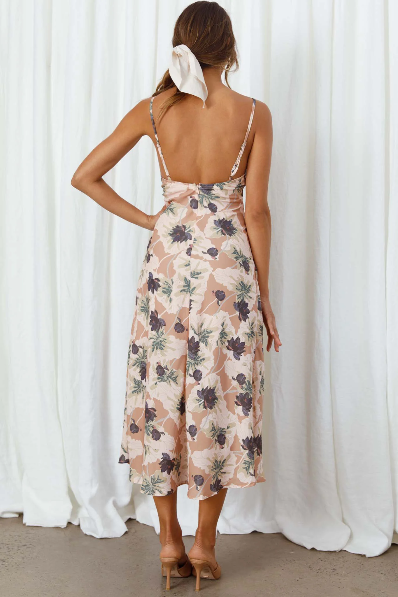 Melancholy Resin Buckle Satin Midi Floral Dress Mocha - Sonourner