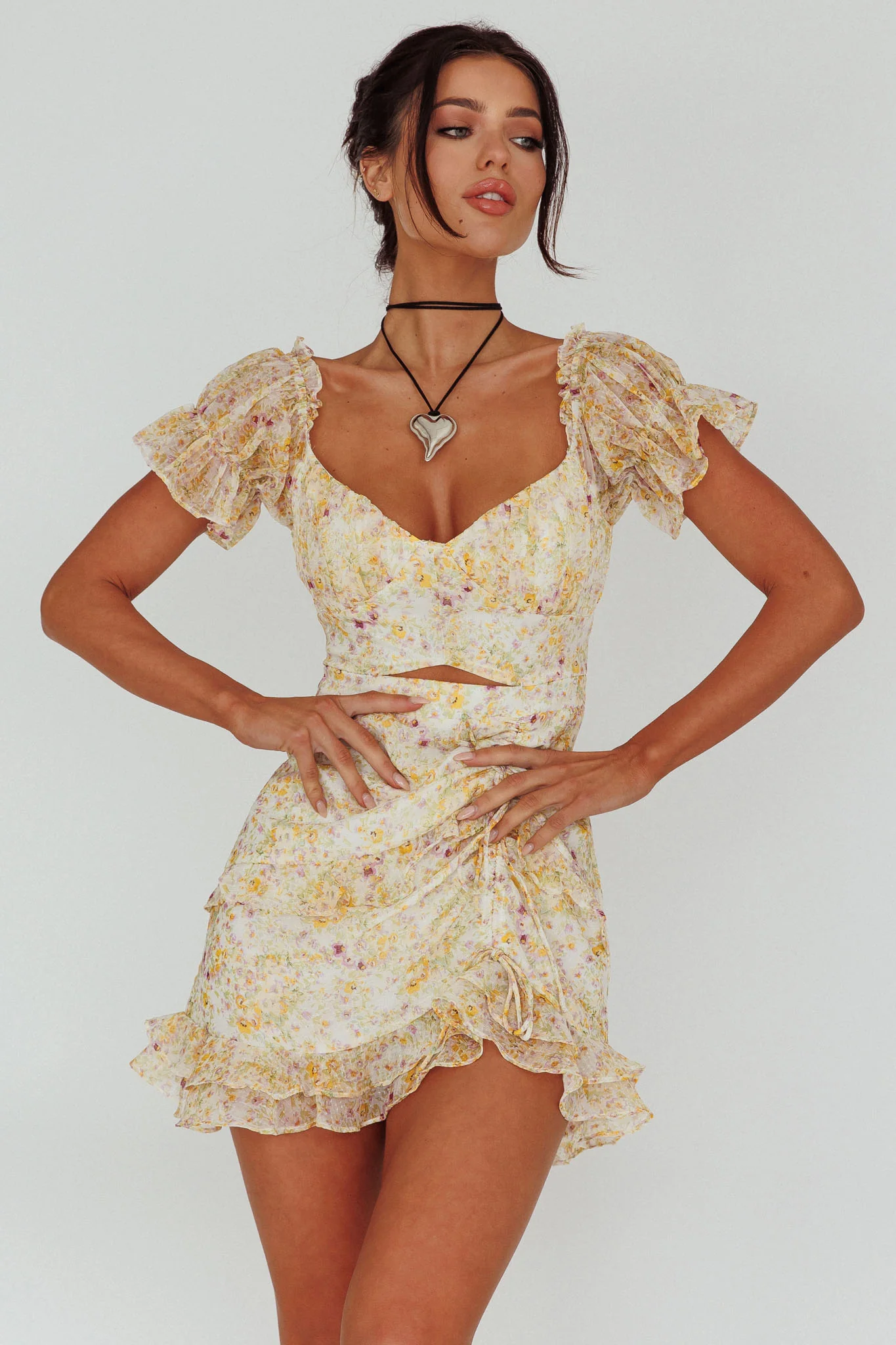 Linka Drawstring Detail Frill Dress Floral Beige - Sonourner