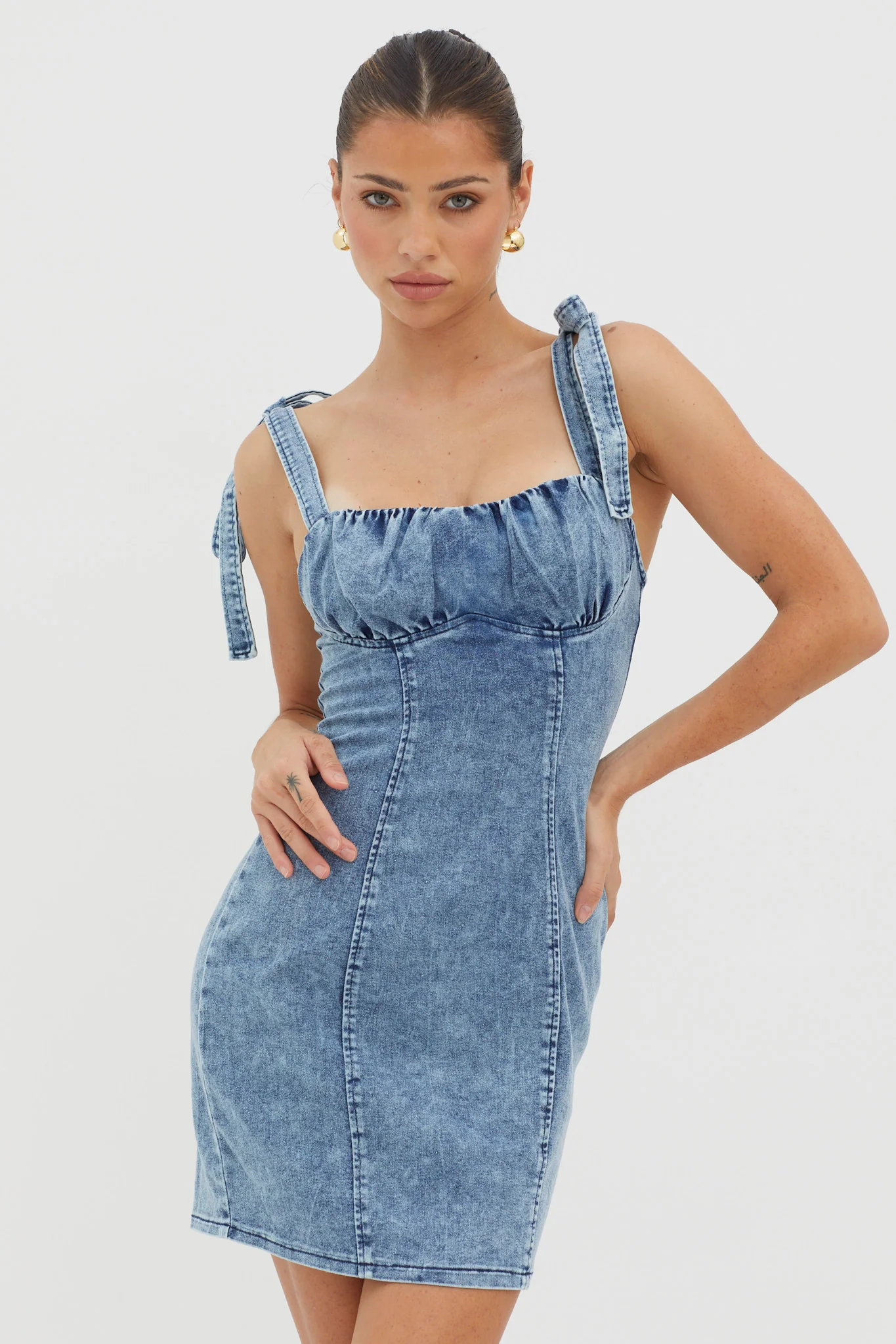 Harrison Tied Shoulder Mini Dress Denim Blue - Sonourner