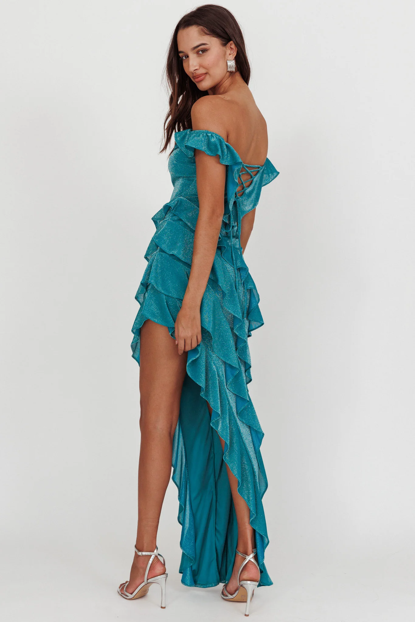 So Into You Off Shoulder Glitter Ruffle Dress Jade - Sonourner