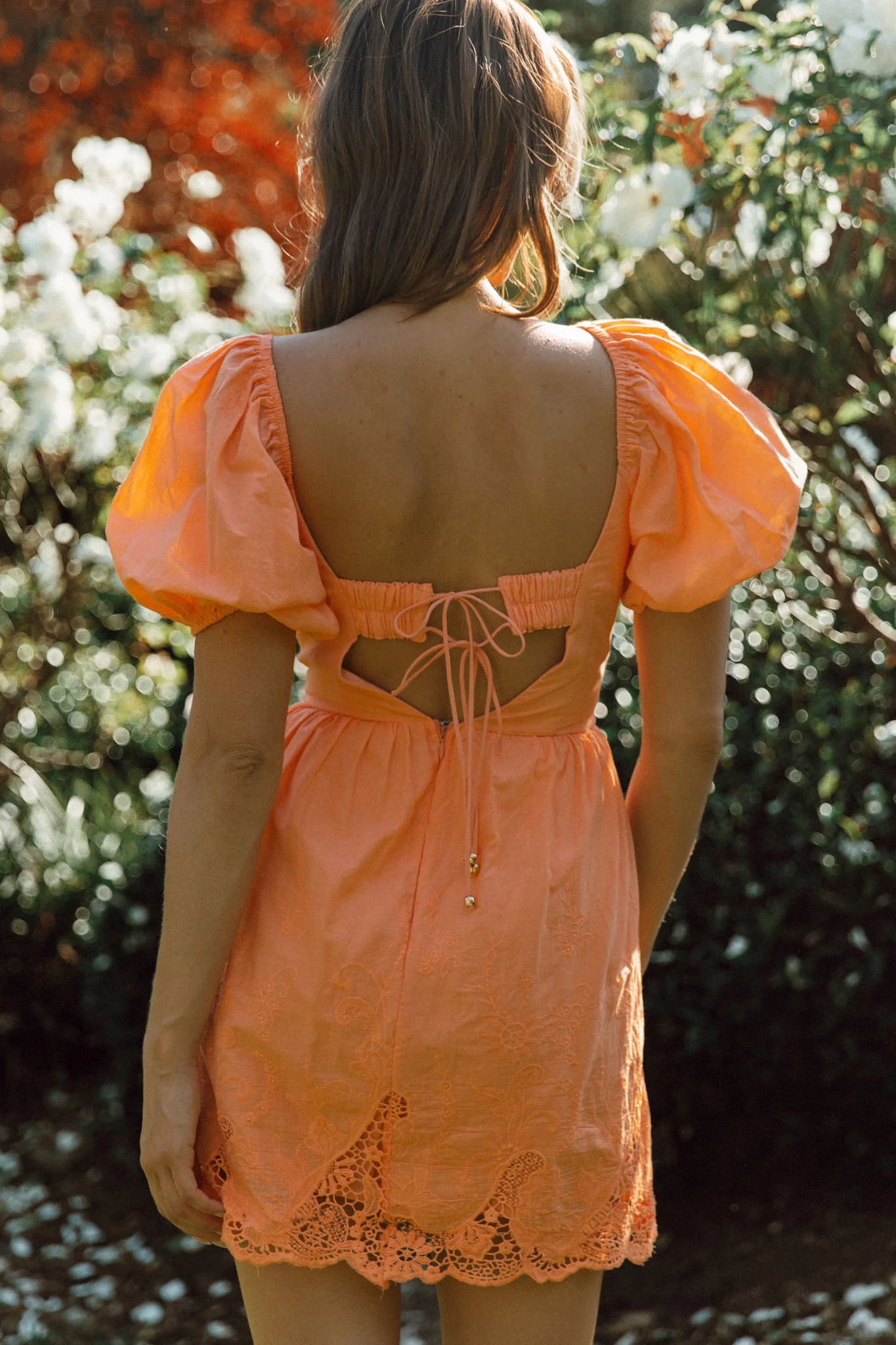 Lovers Lane Lace Trim Puff Sleeve Dress Neon Orange - Sonourner