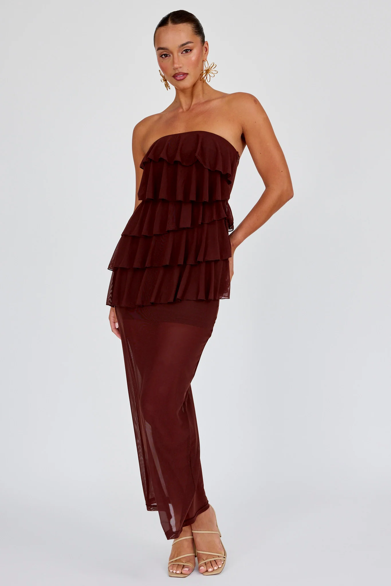 Crewe Strapless Ruffle Maxi Dress Chocolate - Sonourner