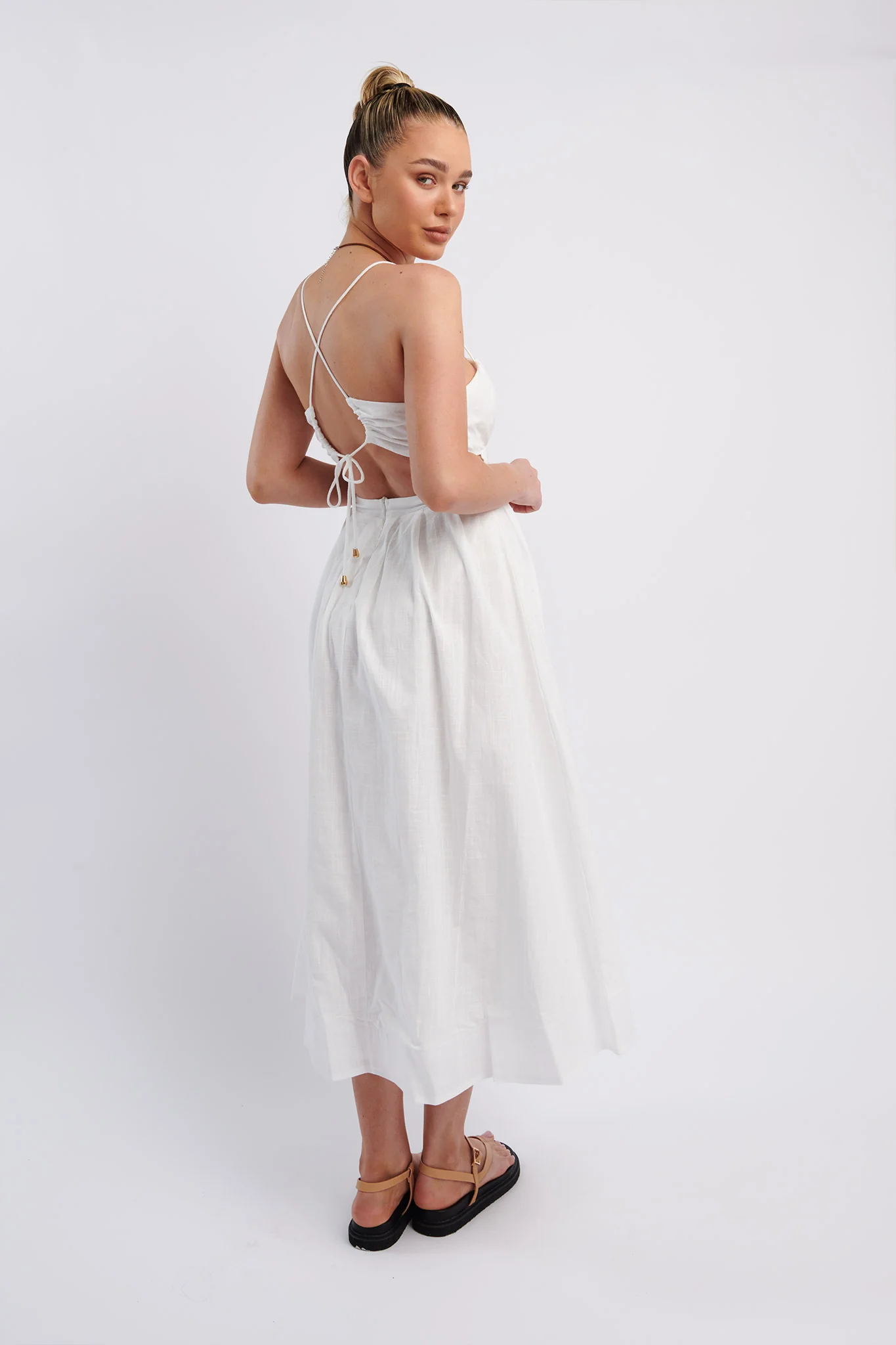 June Sun Tied Back Midi Dress White - Sonourner