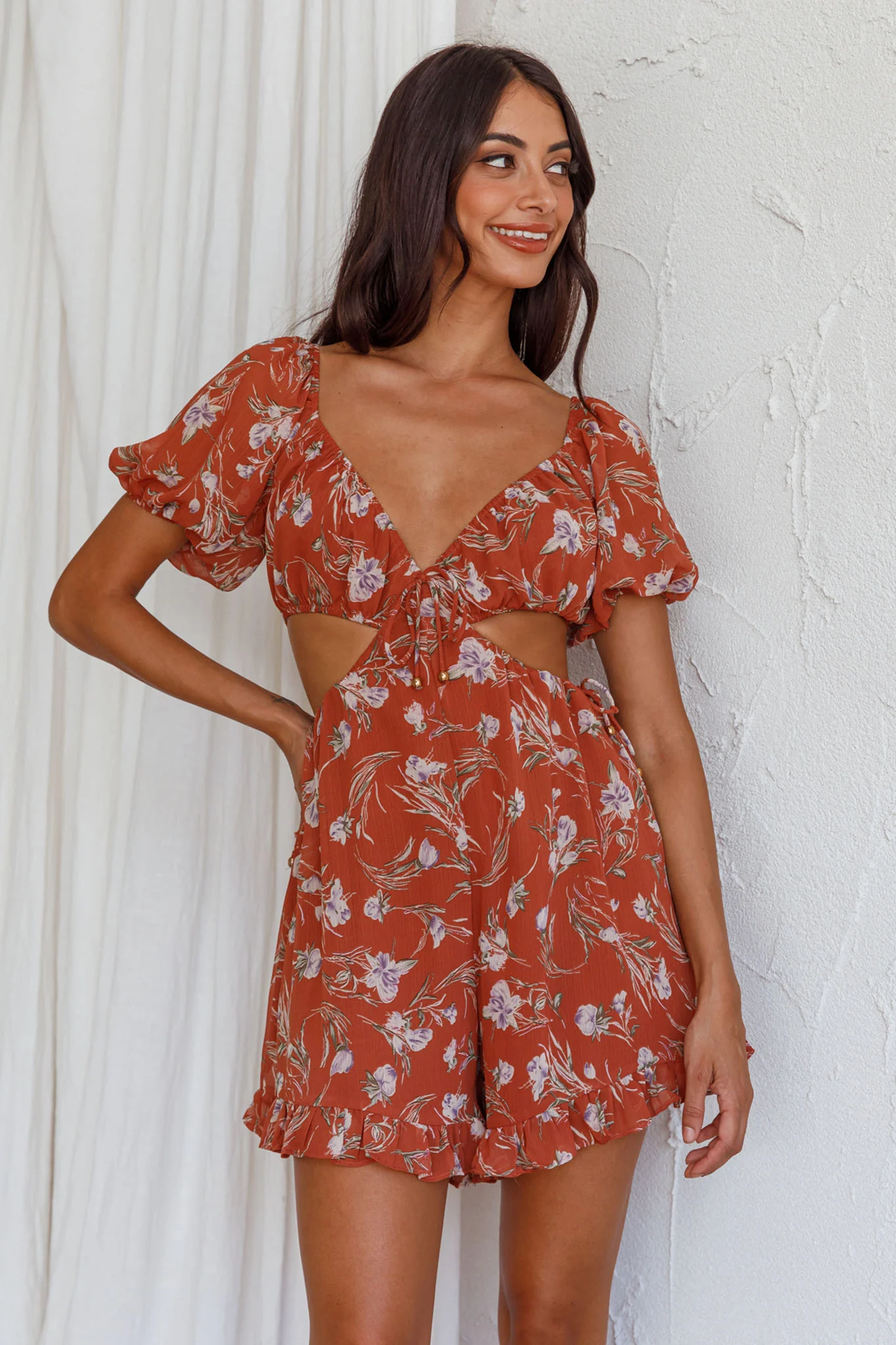 Fancy Free Cut-Out Waist Romper Floral Rose - Sonourner