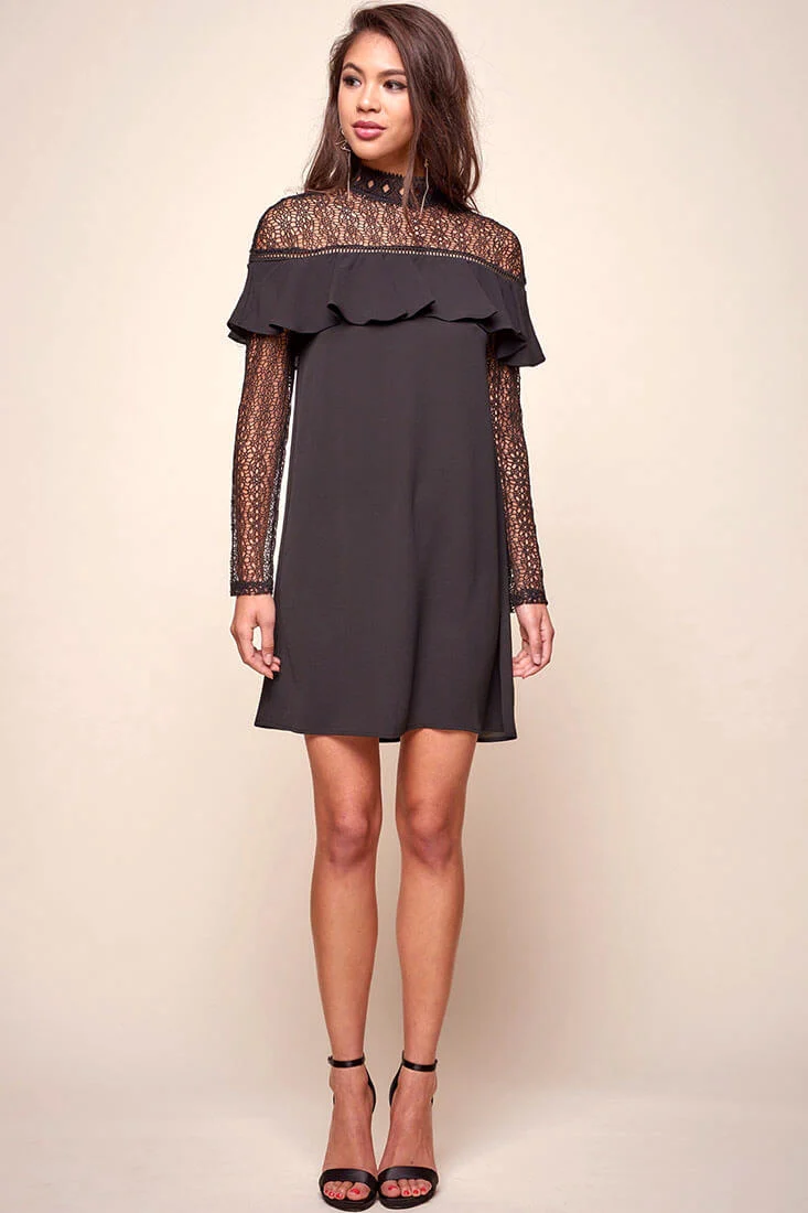 Mendes Lace Detailed High Neck Long Sleeved Dress Black - Sonourner
