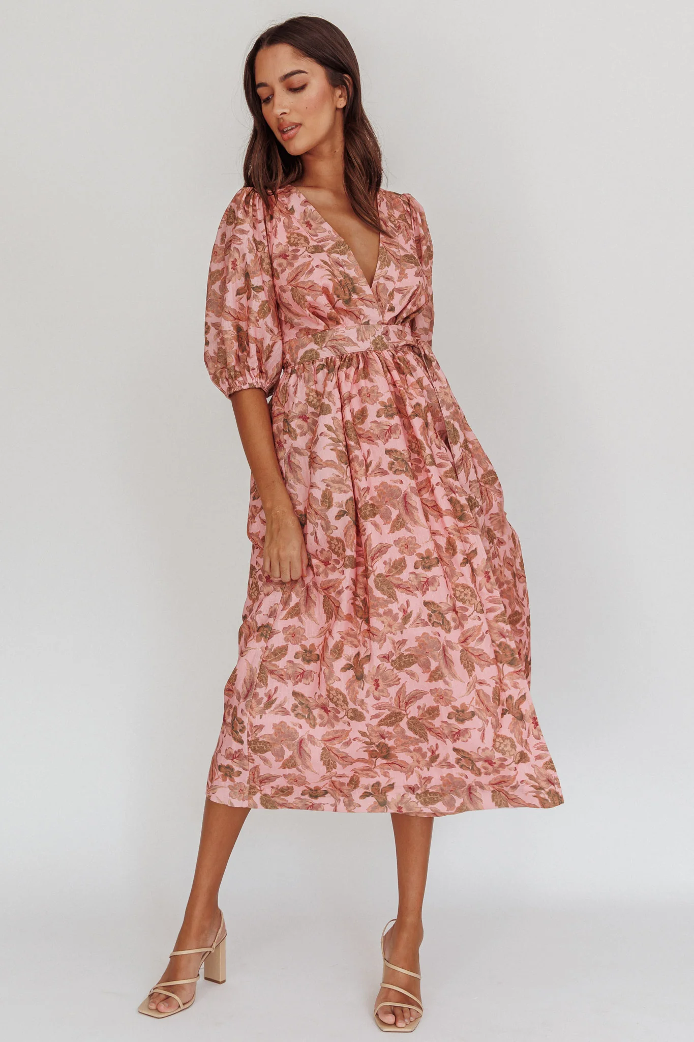 Doris Floral Puff Sleeve Midi Wrap Dress Blush - Sonourner