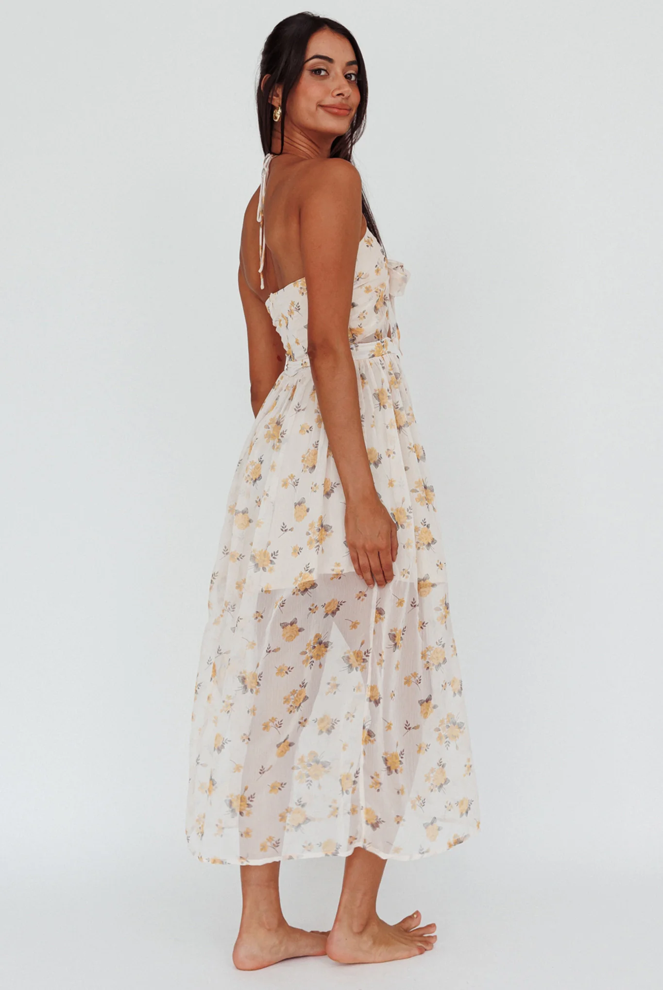 Los Feliz Tied Bust Halterneck Midi Dress Sheer Floral Yellow - Sonourner