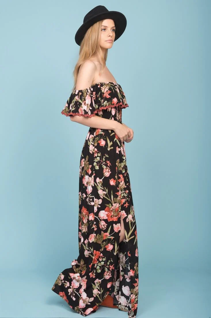 Tuscany Off The Shoulder Maxi Dress Black & Red - Sonourner