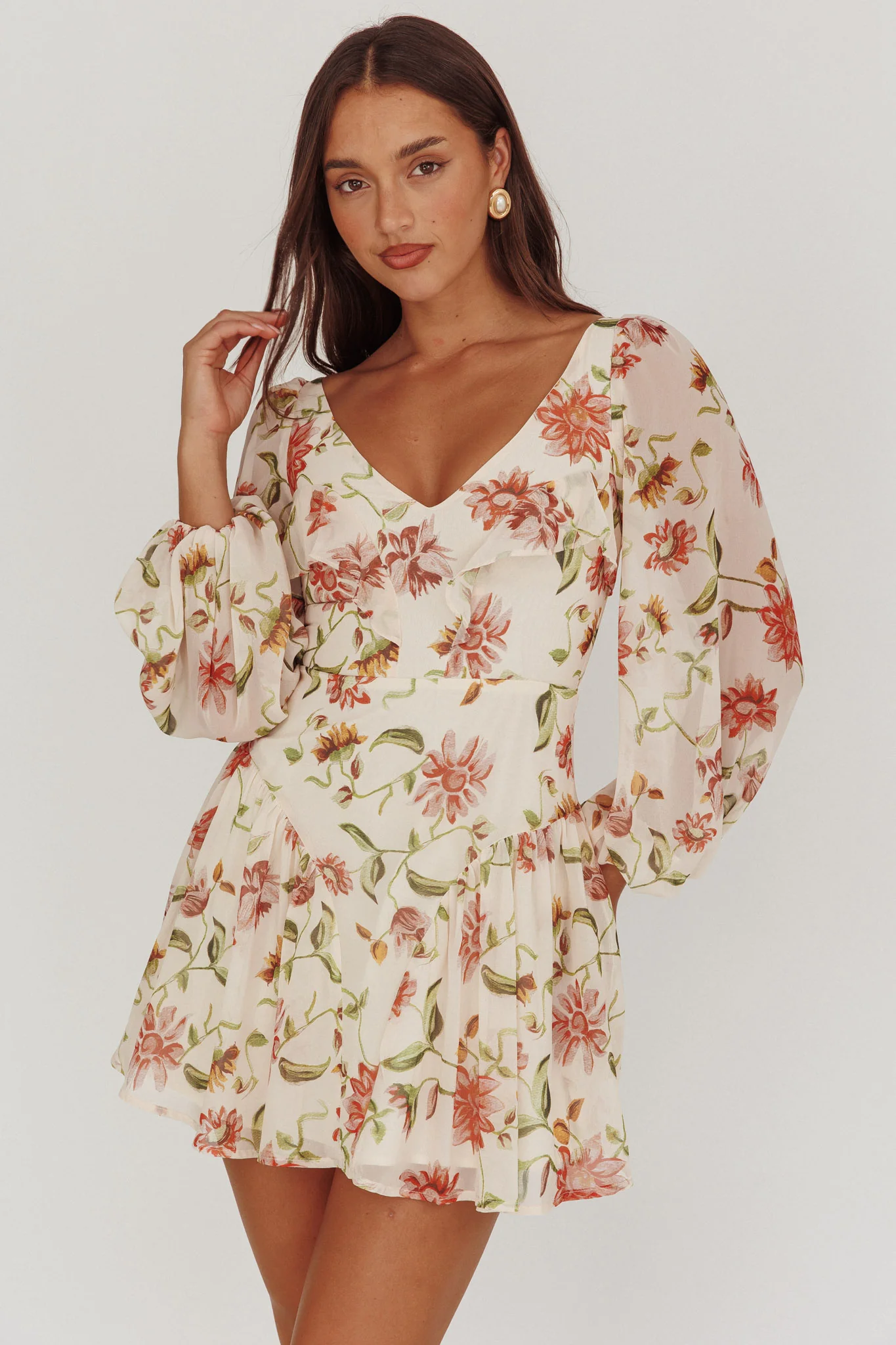 Lucky One Balloon Sleeve Mini Dress Floral Beige - Sonourner