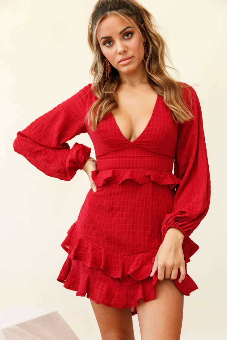 Queenie Long Balloon Sleeve Ruffle Trim Dress Wine - Sonourner