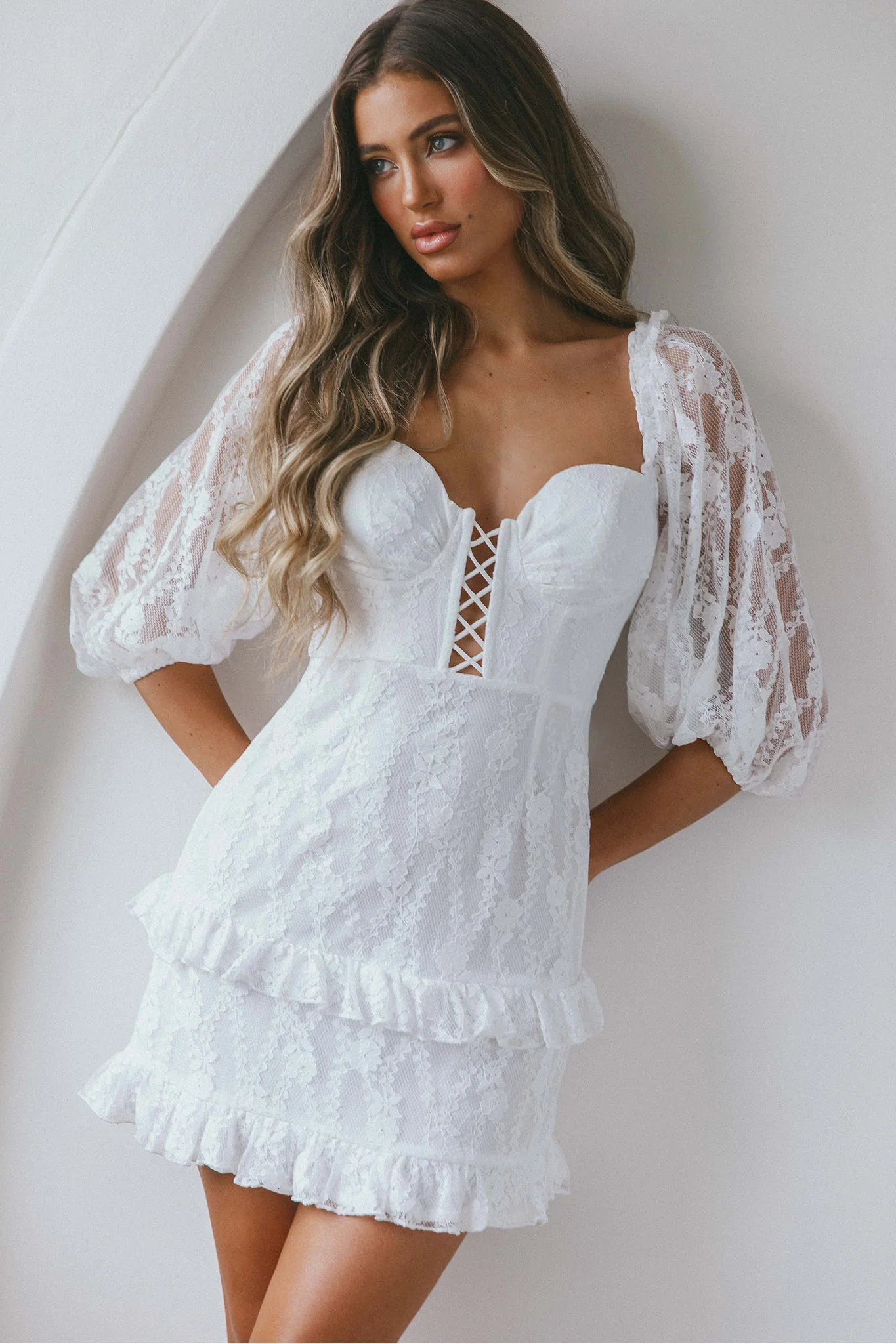 Hemingway Criss-Cross Bust Balloon Sleeve Frill Trim Lace Dress White - Sonourner