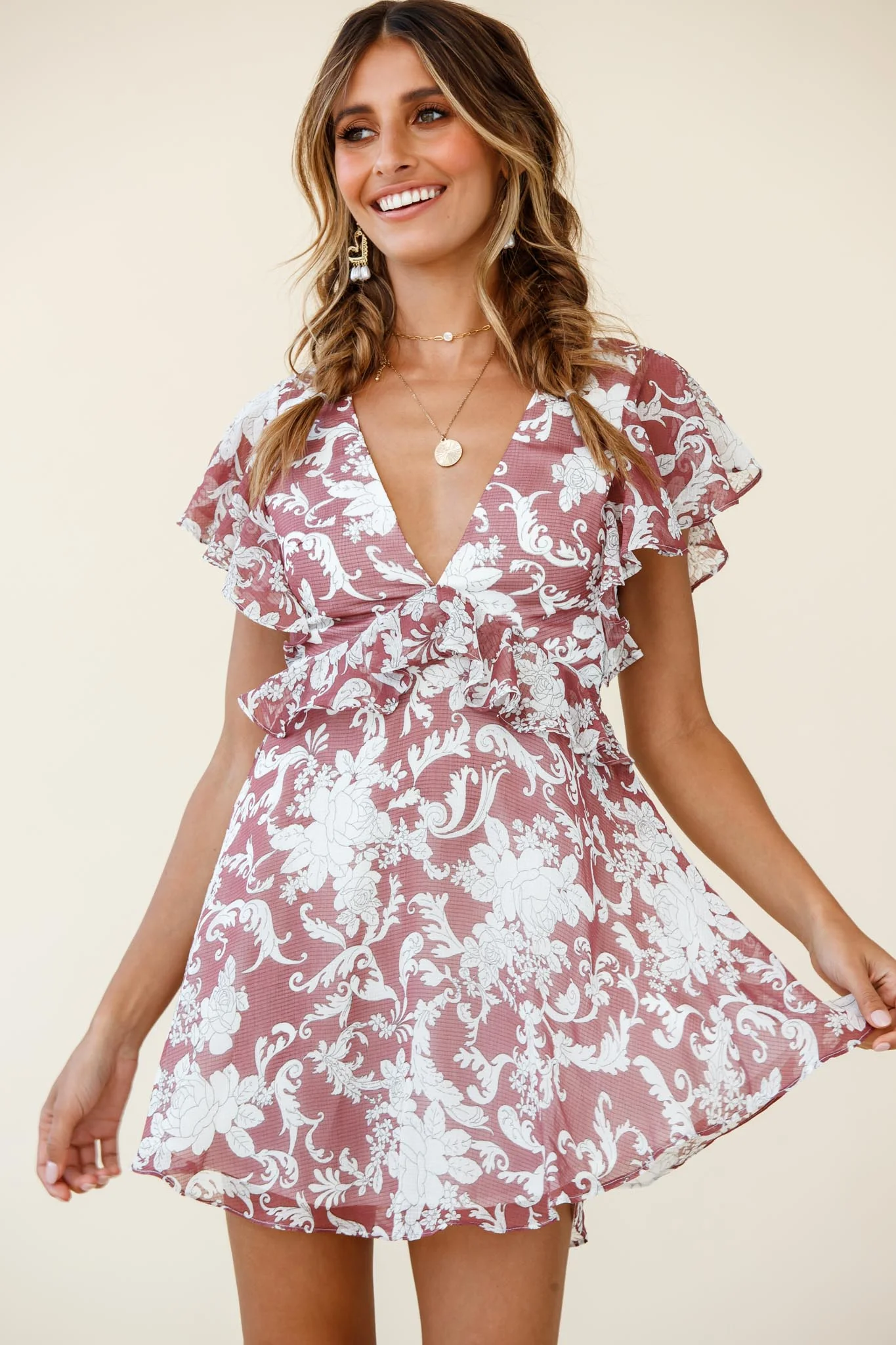 Say That Again Ruffle Shoulder Dress Ornate Floral Print Maroon - Sonourner