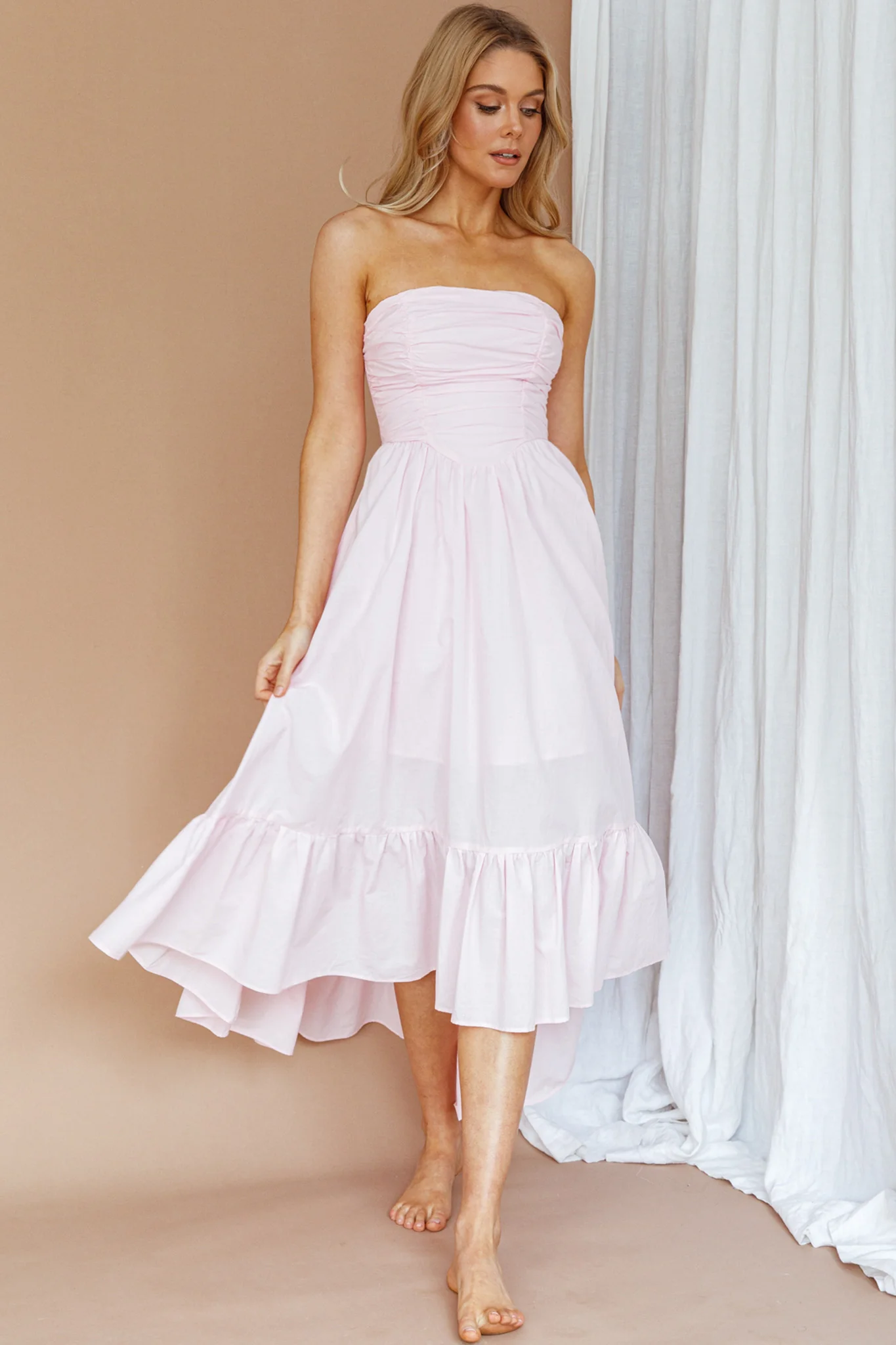 Sunday Mornings Ruched Bust Midi Dress Pink - Sonourner