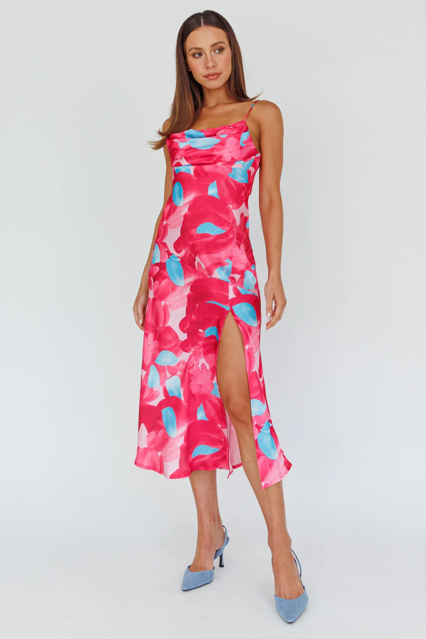 Well Versed Pleated Bust Front Split Dress Flora Pink - Sonourner