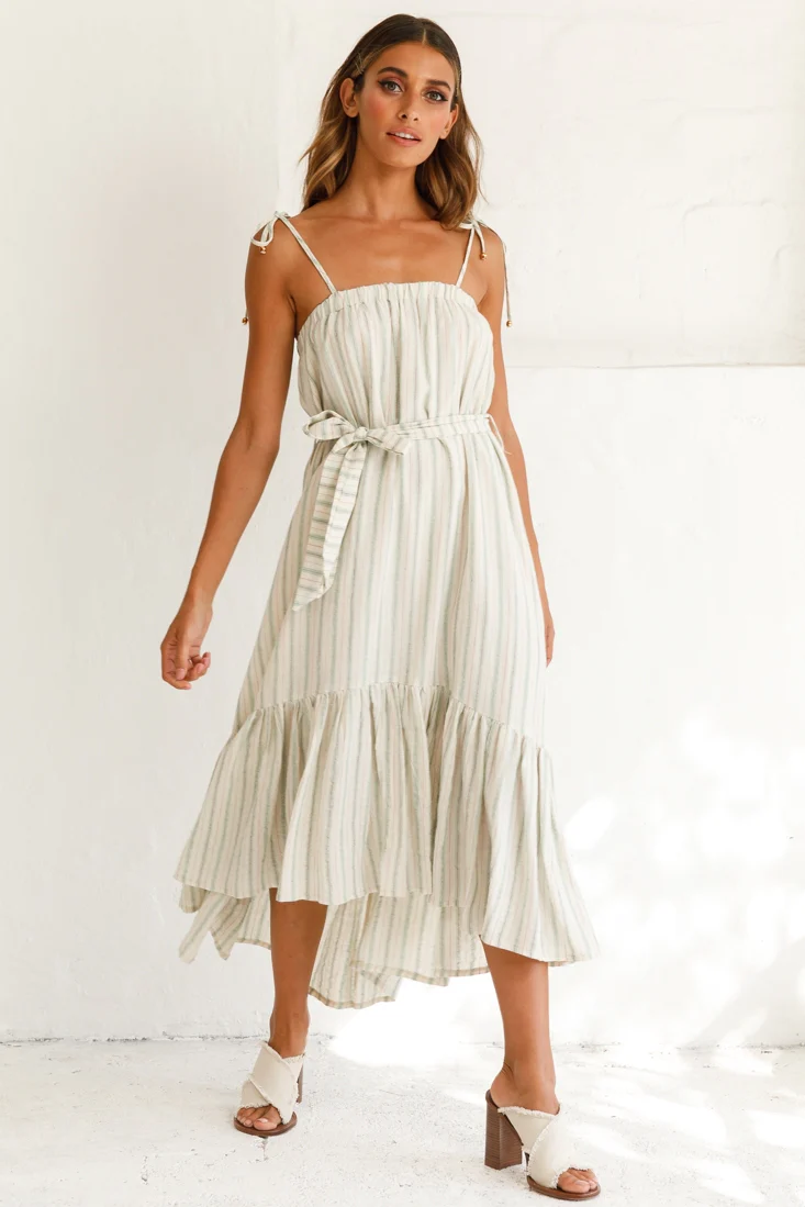 Golden Days Tied-Shoulder Midi Dress Stripe Pattern Olive - Sonourner