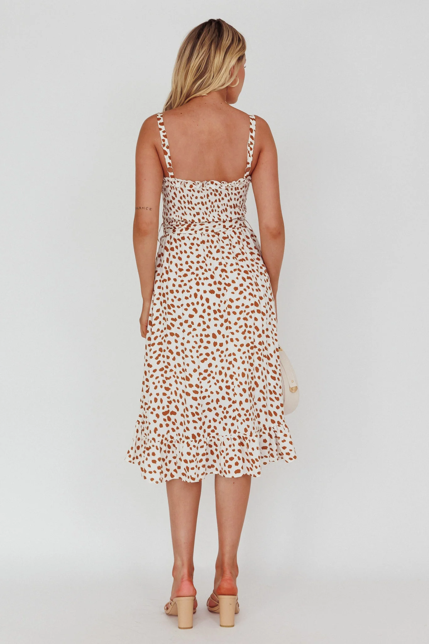 Honey Shirred Frill Midi Dress White/Brown - Sonourner