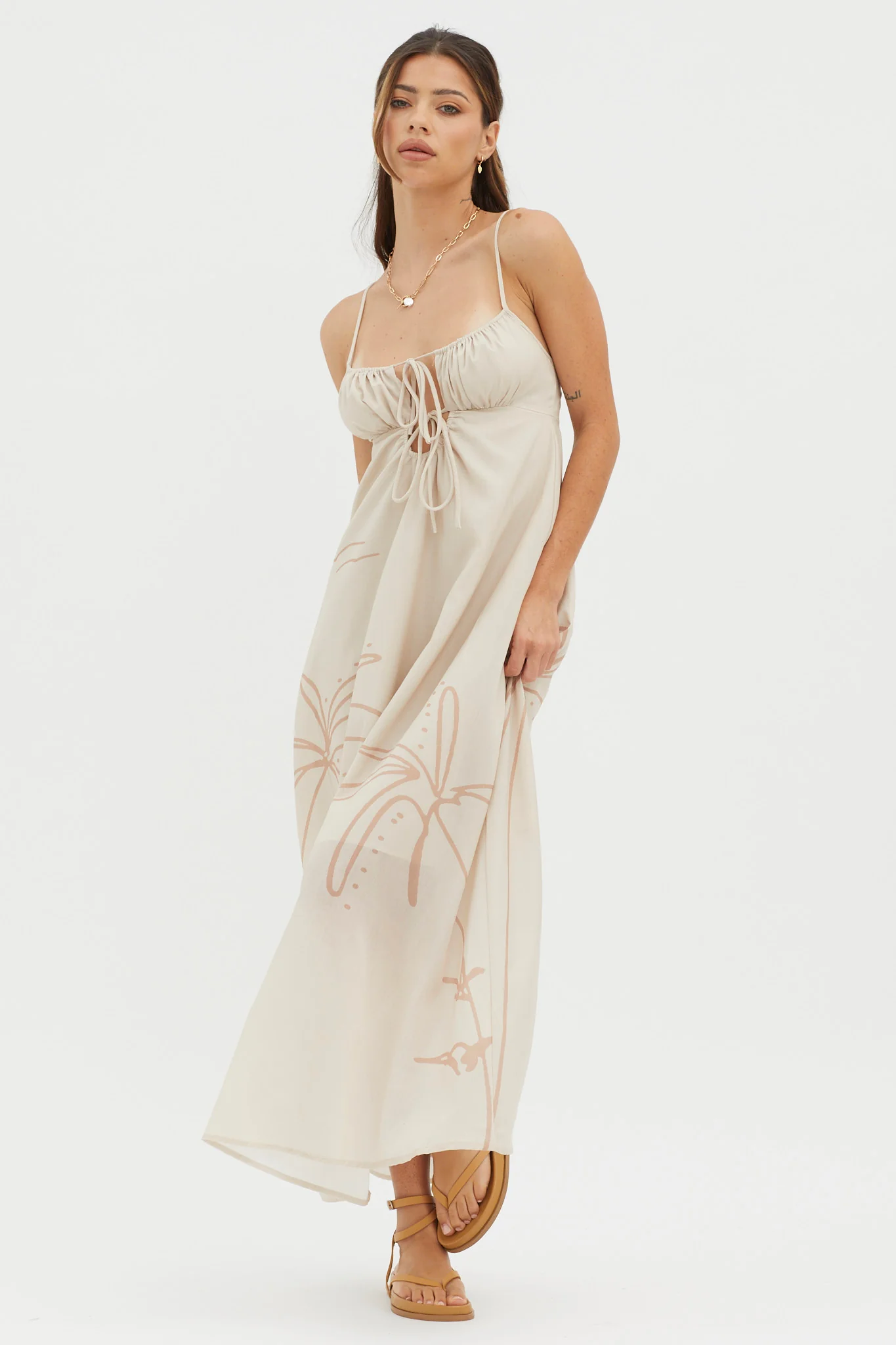 Yuki Tied Bust Midi Dress Sand - Sonourner