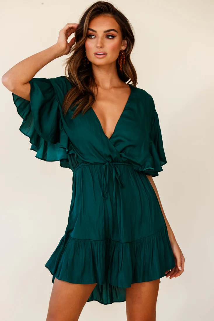 Esme V-Neckline Drawstring Waist Dress Jade - Sonourner