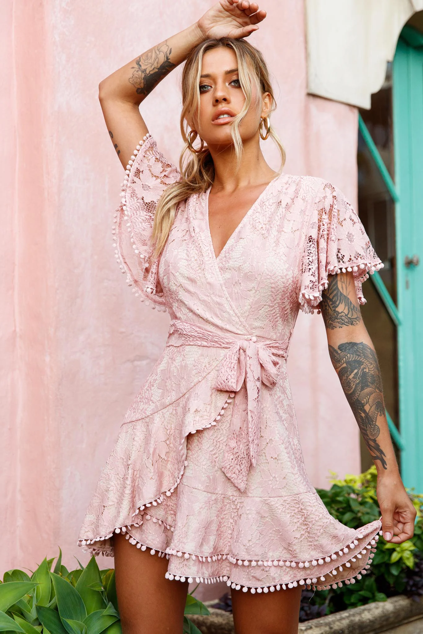 Cami Angel Sleeve Faux Wrap Dress Lace Blush - Sonourner