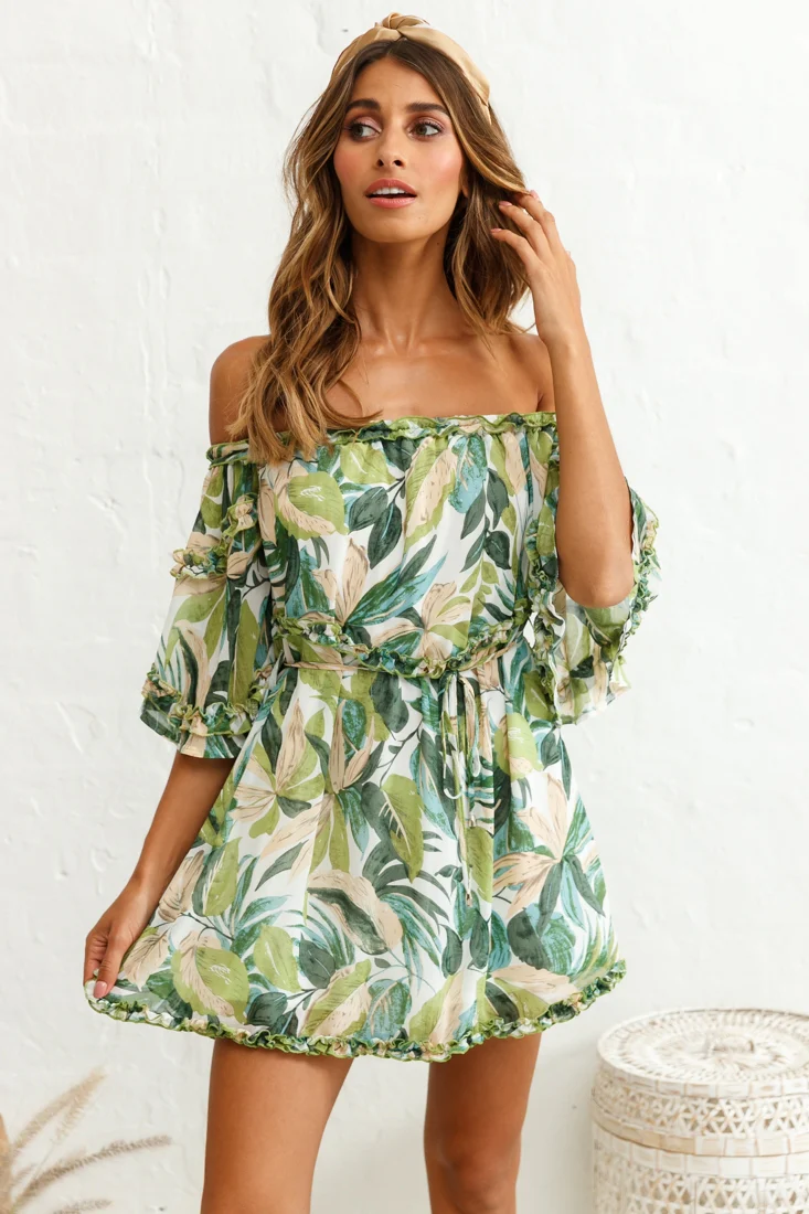 Renoir Off-Shoulder Frill Trim Dress Leaf Print White/Green - Sonourner