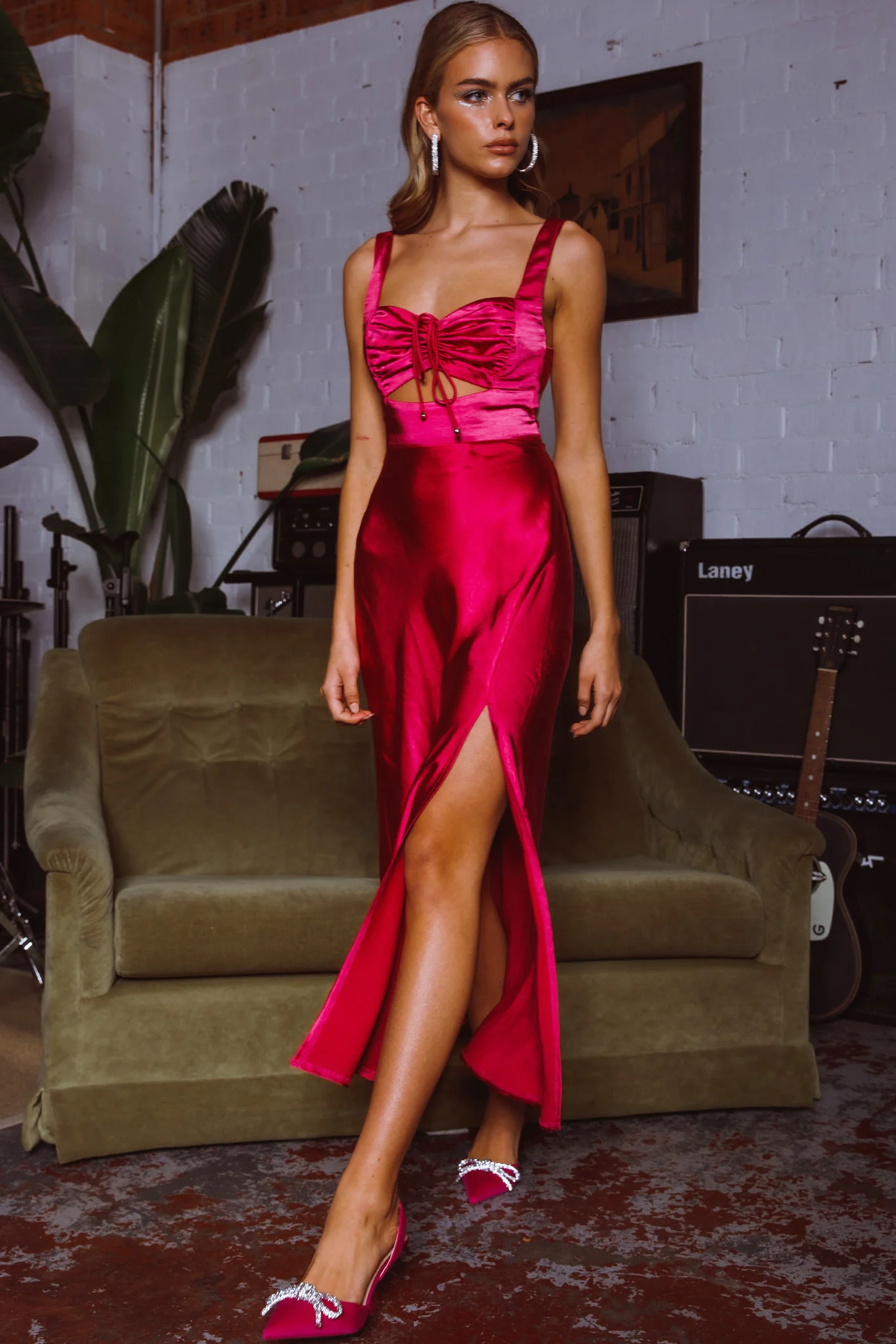 Belle Epoque Drawstring Bust Midi Dress Hot Pink - Sonourner