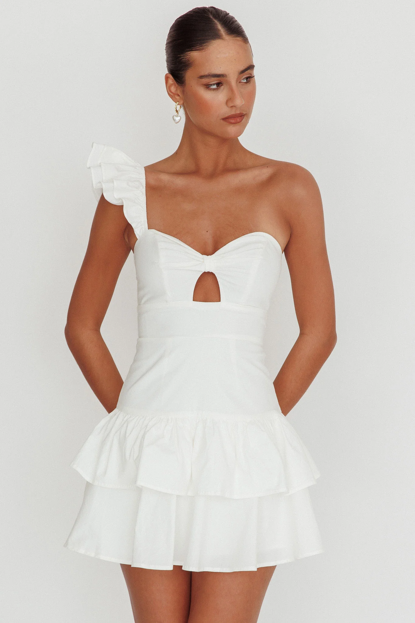 Tea Time One Shoulder Ruffle Mini Dress White - Sonourner