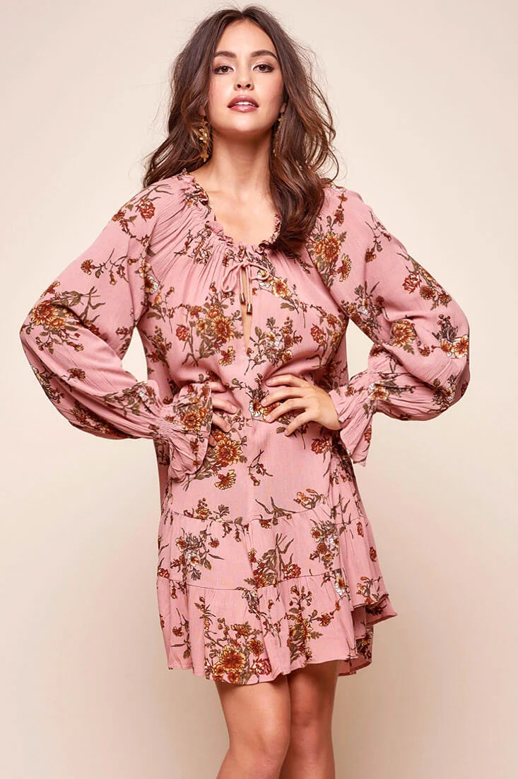 Joyce Floral Hippie Loose Fit Dress Rose - Sonourner