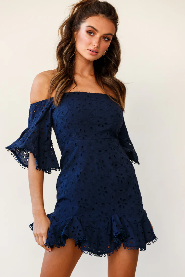 Elissa Off-Shoulder Broderie Anglaise Dress Navy - Sonourner