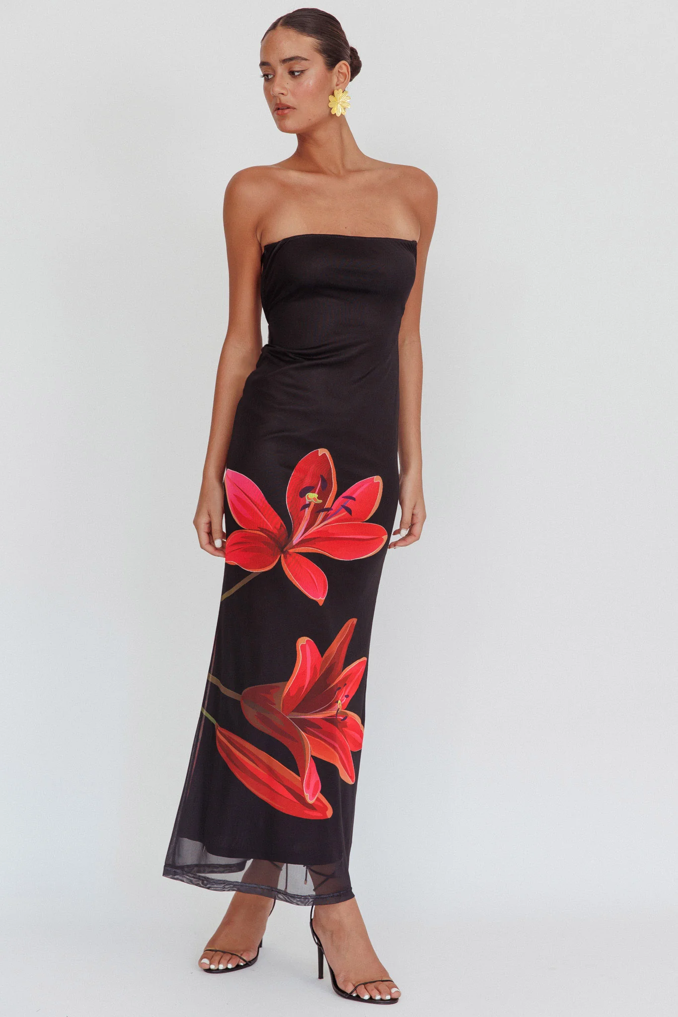 Iridian Strapless Floral Maxi Dress Black - Sonourner